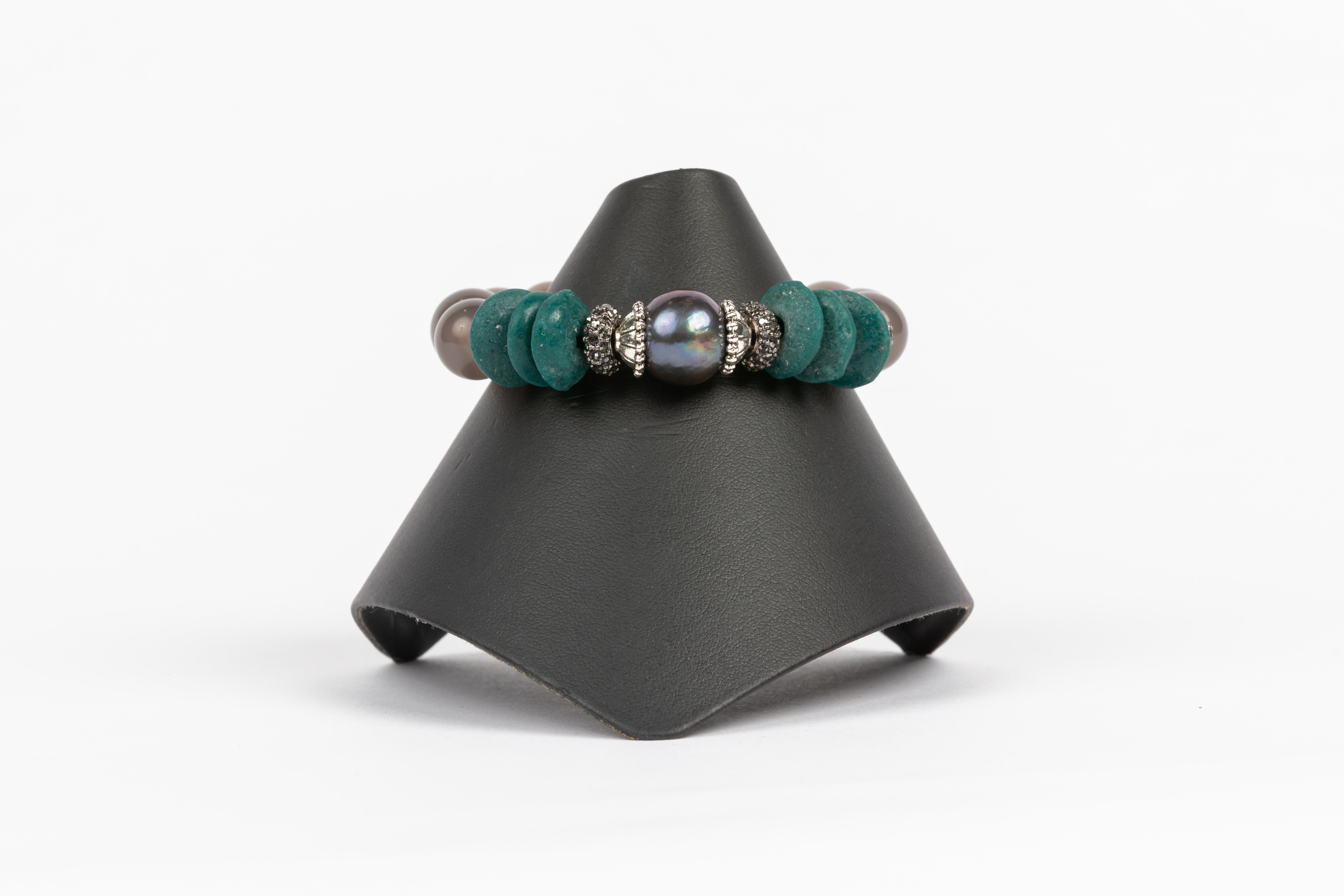 Grey Pearl, Taupe Agate and Teal Jade Bracelet