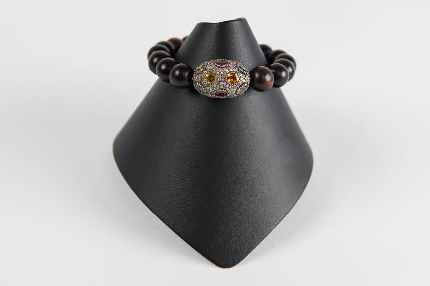 Ebony wood with multi sapphire and pave diamond bead