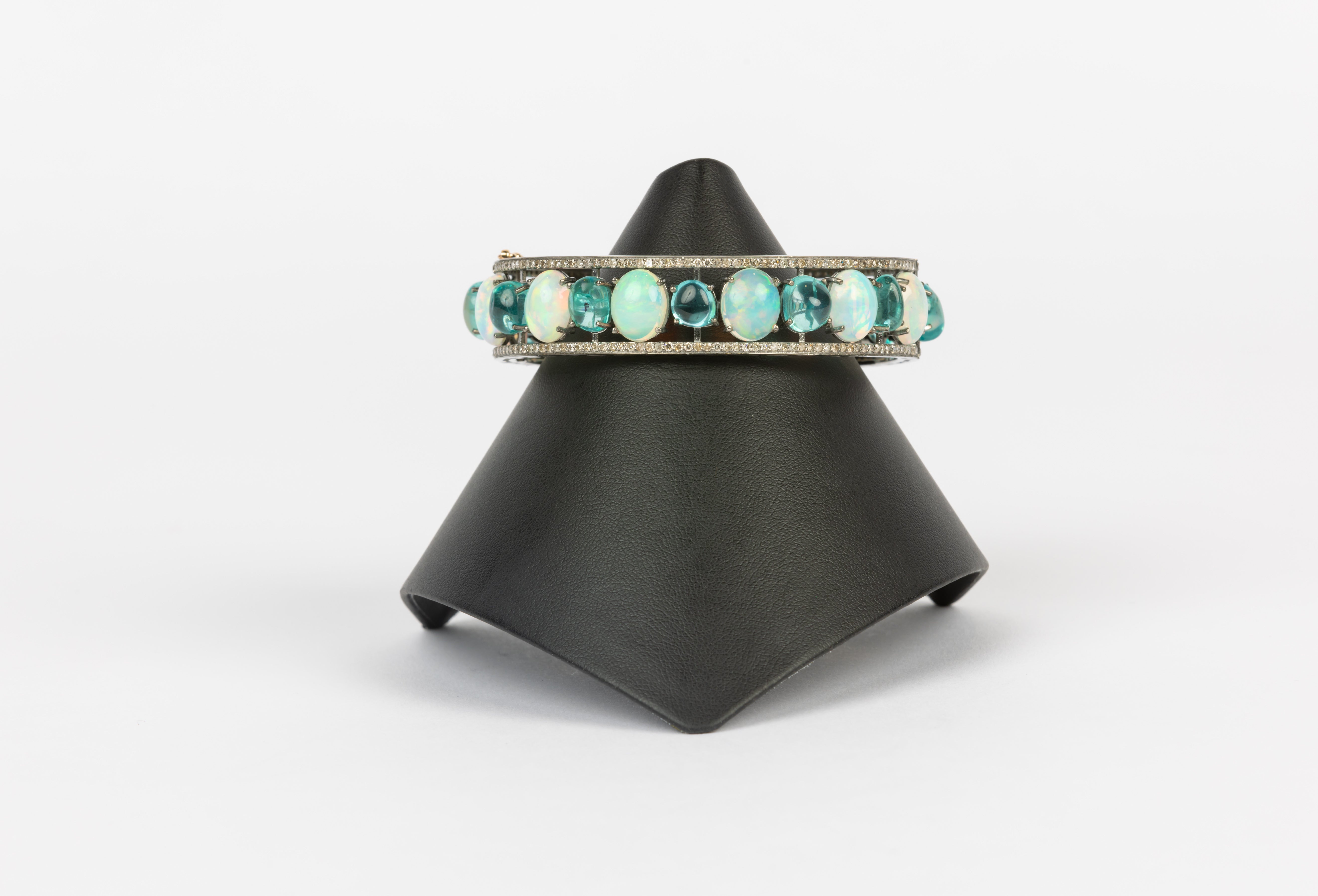 Opal , Diamond , Apatite Bangle Bracelet