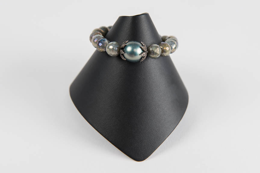 Faceted mystic labradorite with mother of pearl and pave diamond bead caps