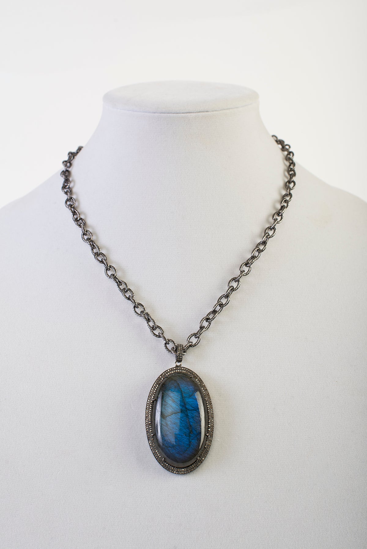 Labradorite and Pave Diamond Pendant on Gunmetal Chain