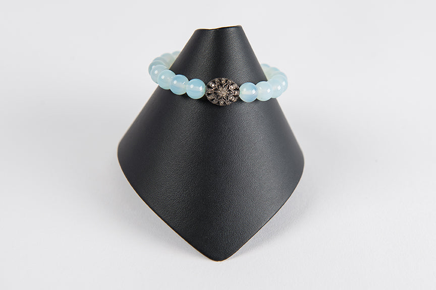 Light blue chalcedony with pave diamond flower