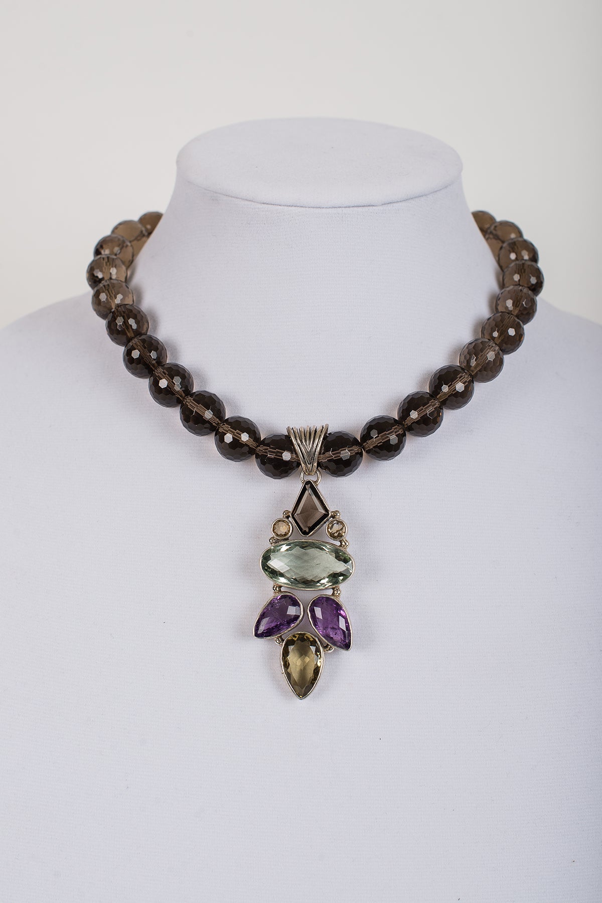 Multi Gemstone Pendant set in Sterling Silver on Faceted Smoky Quartz Beads