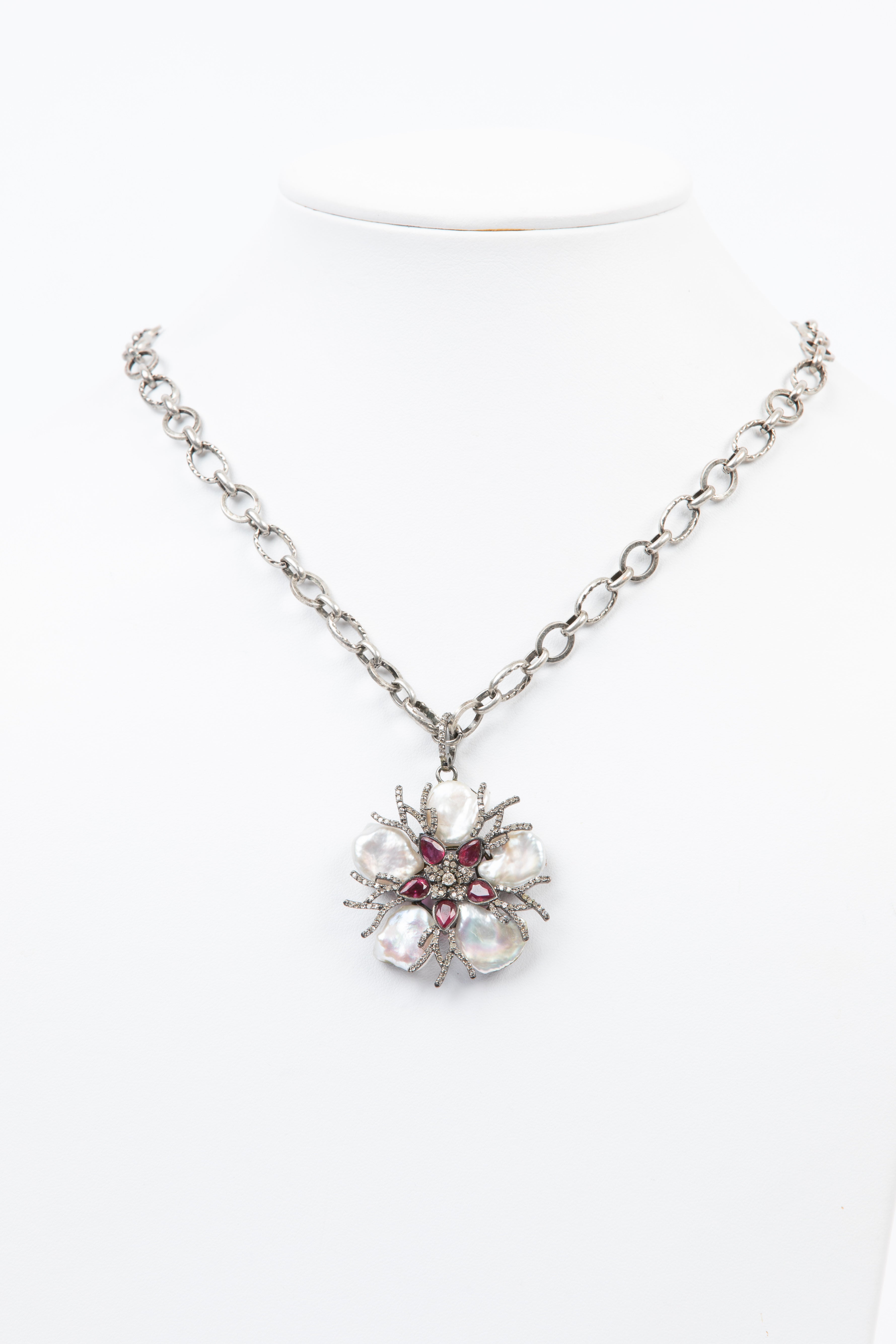 Pave Diamond, Ruby, Pearl Necklace
