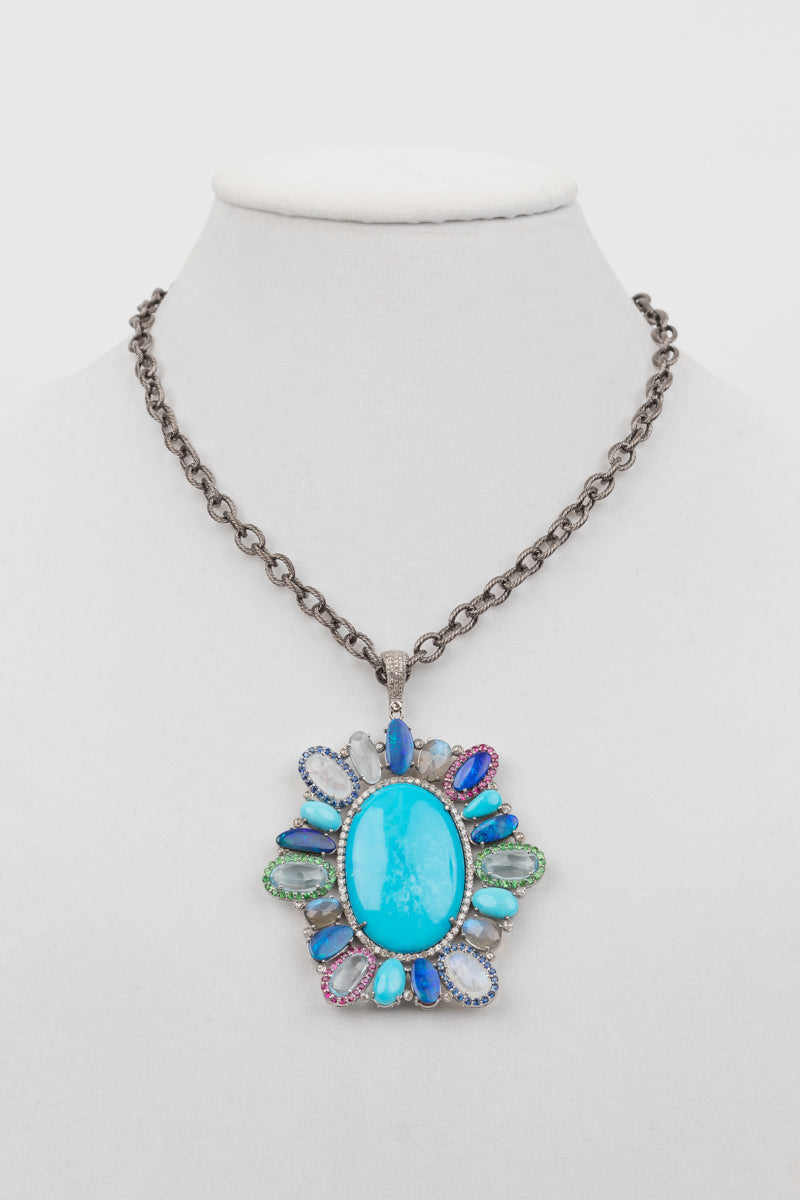 Pave diamond, turquoise, peridot, tsavorite , quartz pendant