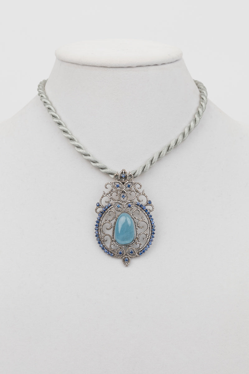 Pave diamond, sapphire, aquamarine pendant