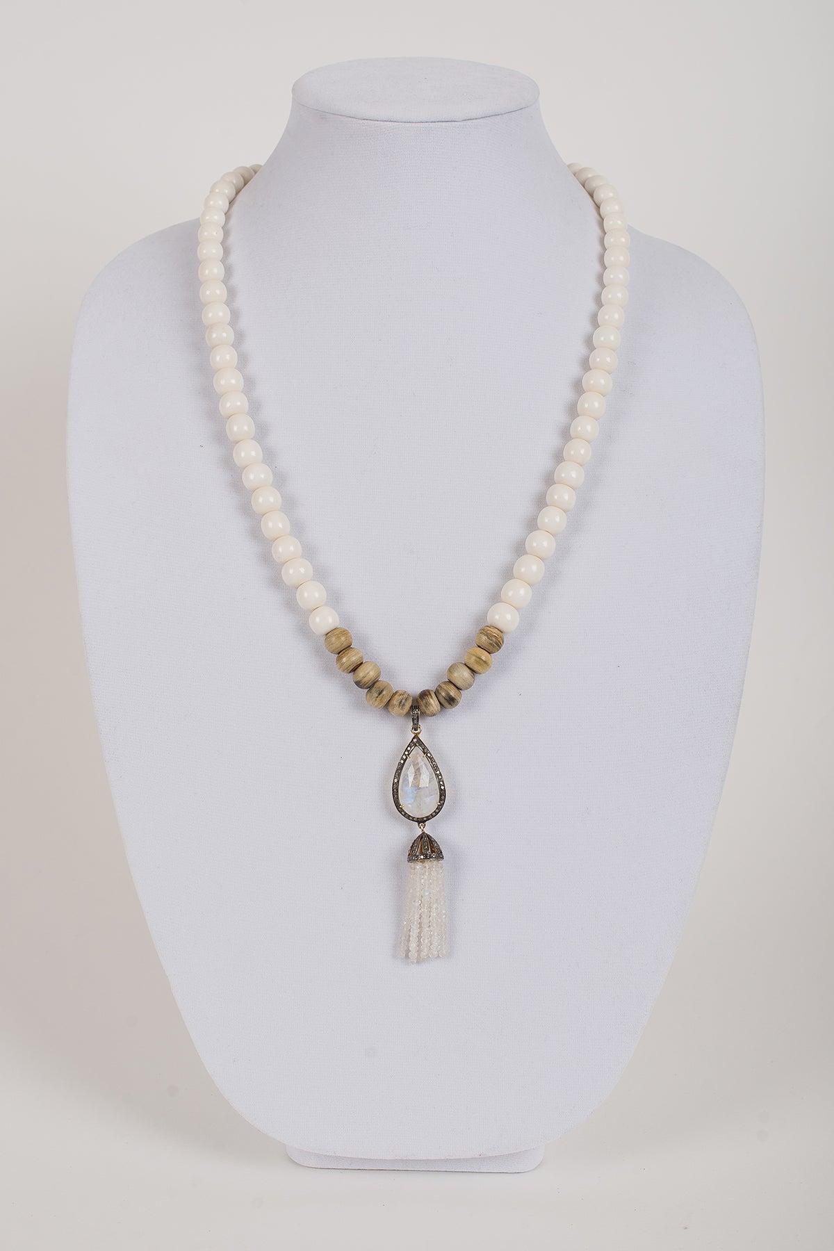 Pave Diamond and Moonstone Tassel on Bone Beads