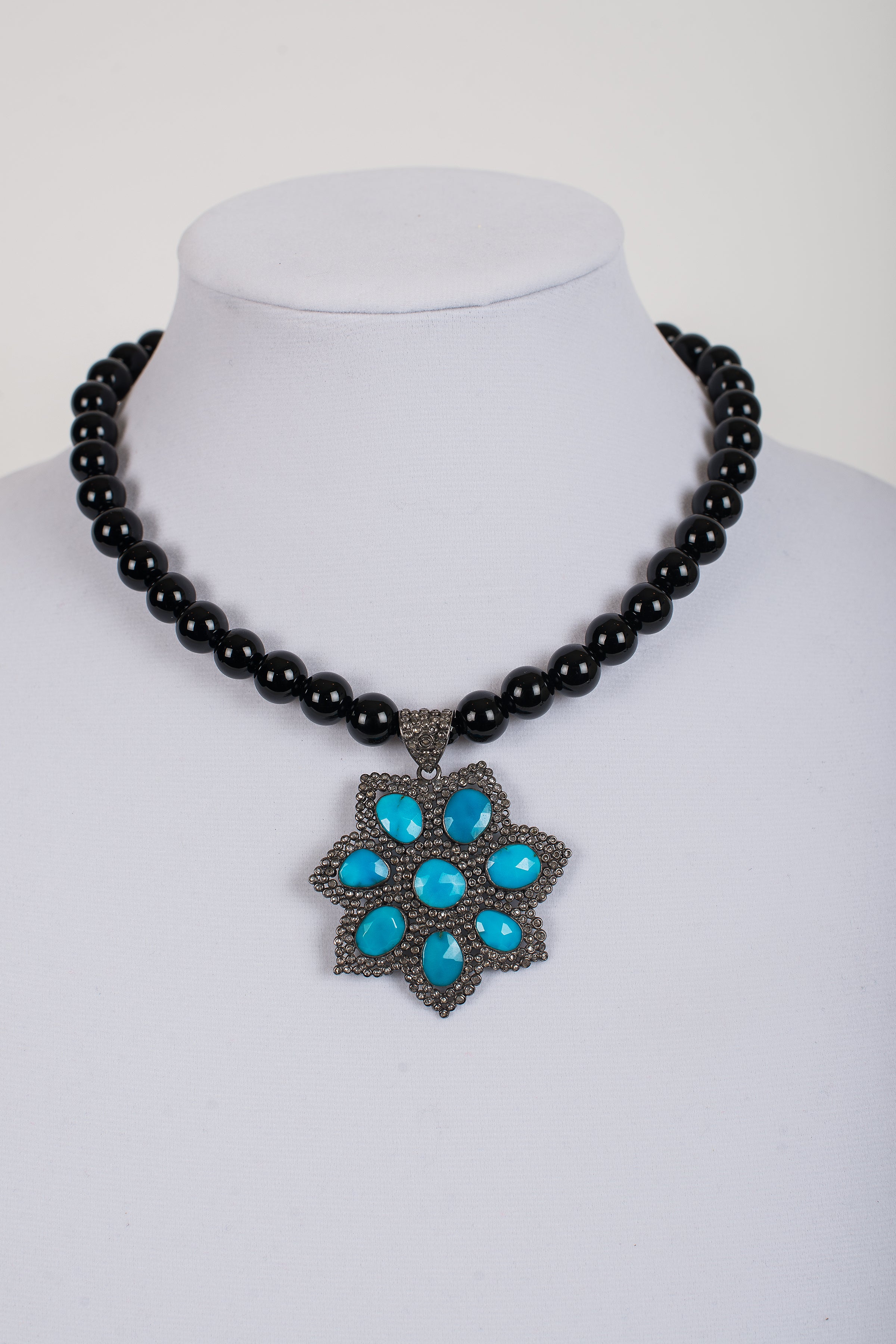 Pave Diamond and Turquoise Pendant on Black Onyx