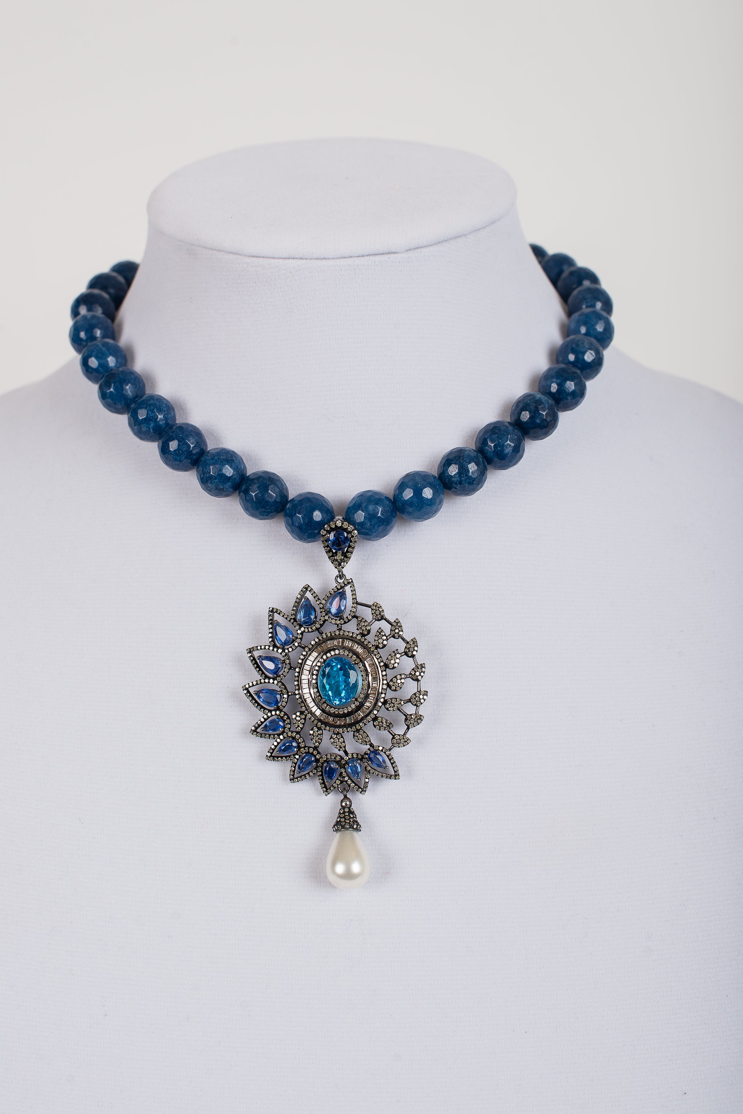 Pave and Baguette Diamond Pendant with Topaz center stone surrounded by Kyanite