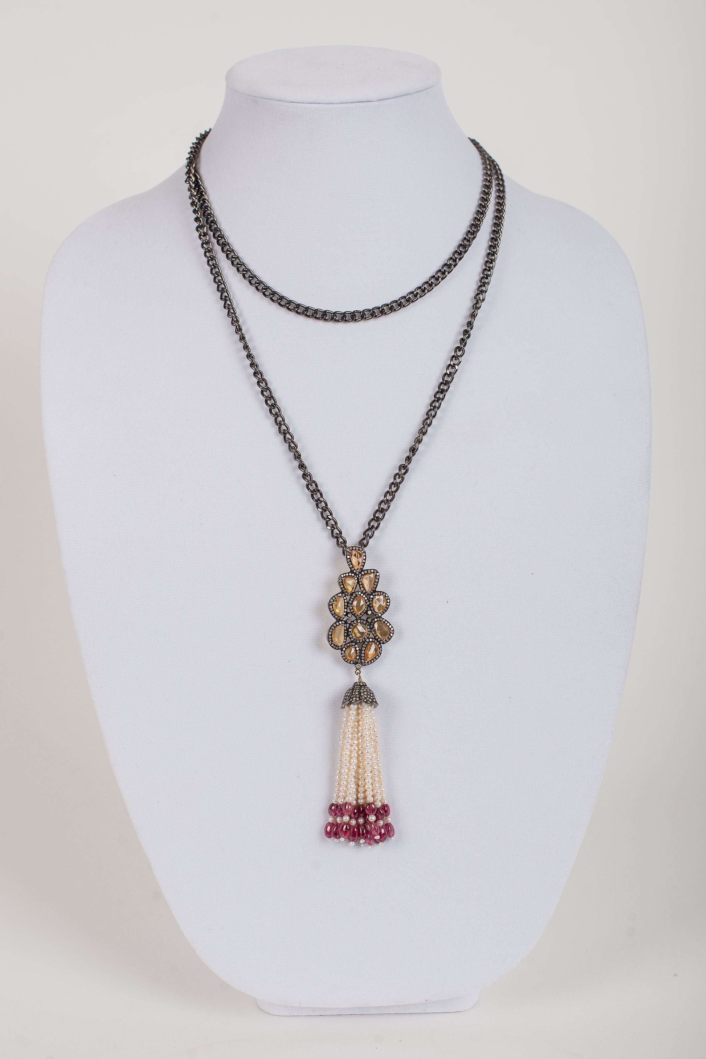 Pave Diamond, Citrine, Pearl and Ruby Tassel