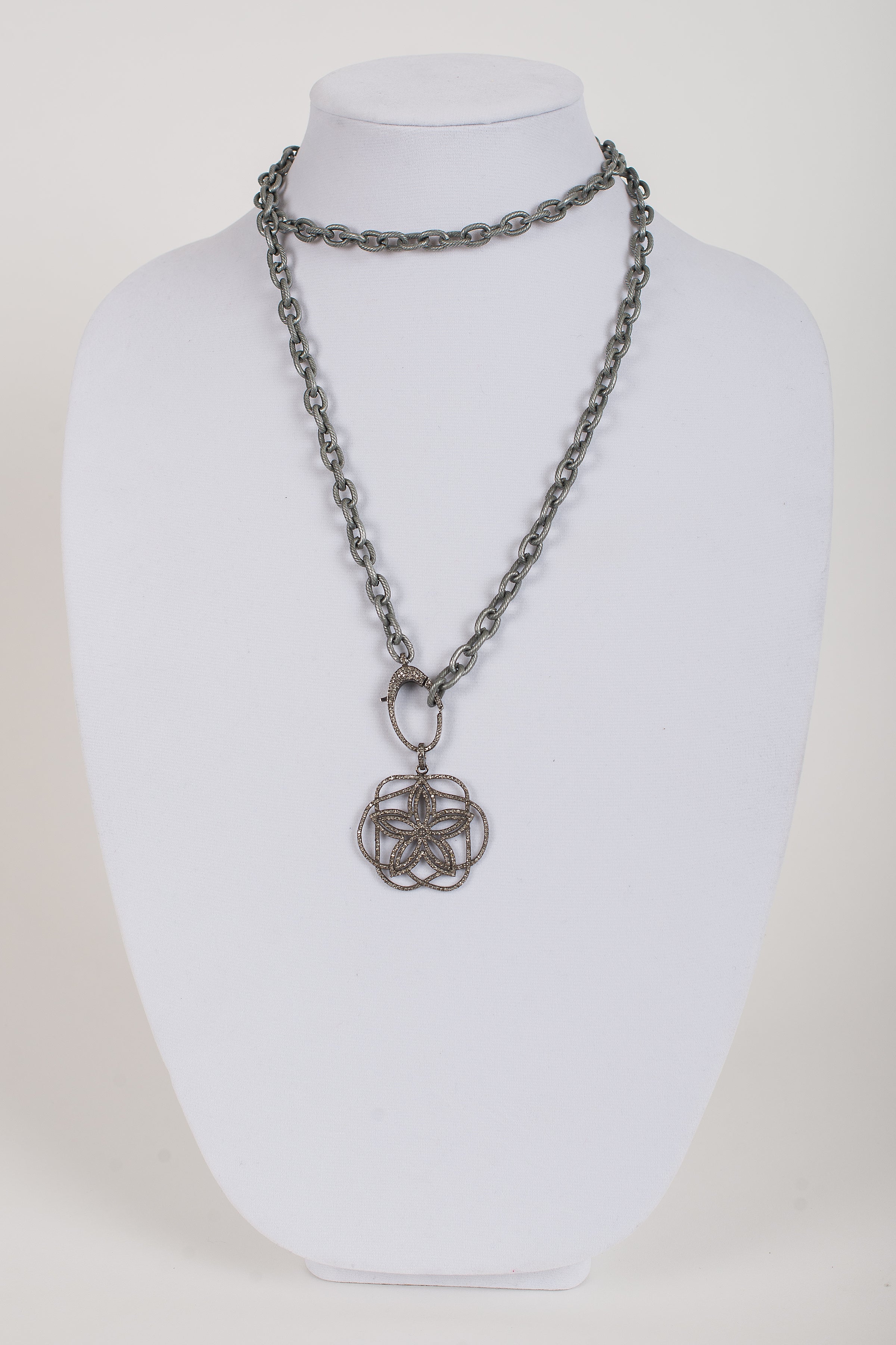 Pave Diamond Filagree Pendant on Brushed Gunmetal Chain with Pave Diamond Lobster Hook