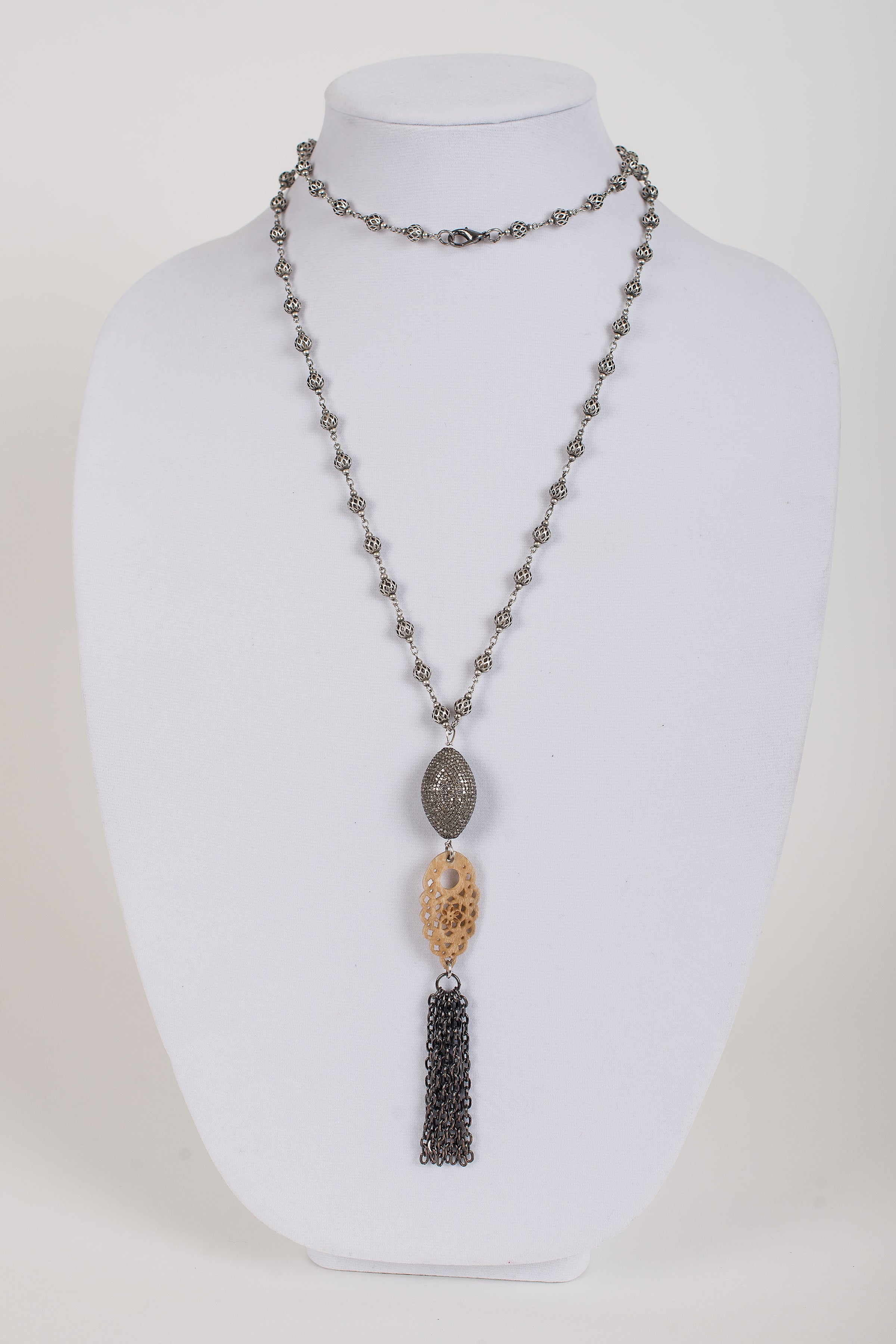 Pave Diamond Jumbo Bead with Carved Bone and Gunmetal Tassel