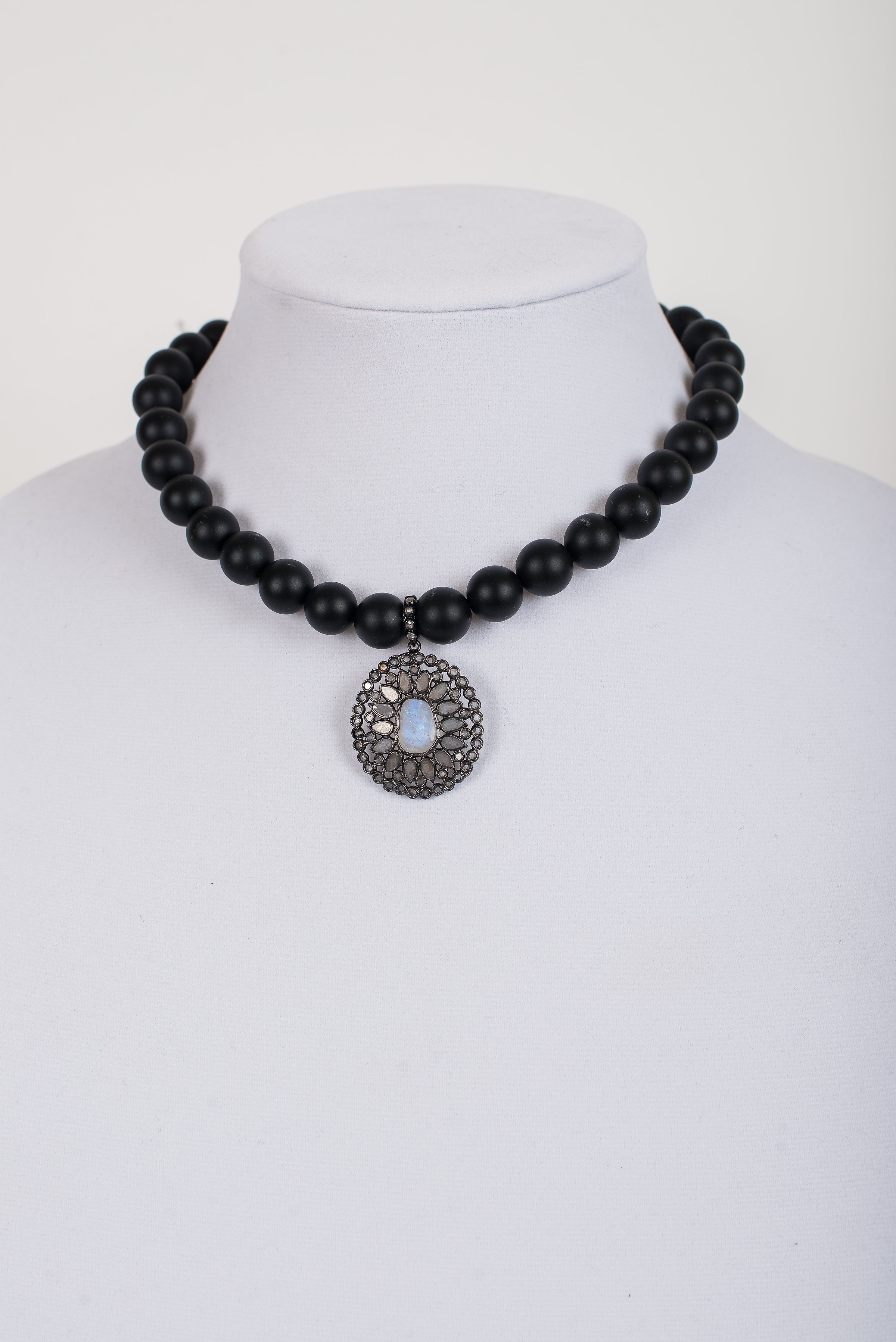 Moonstone and Rock Crystal Pendant on Matt Black Onyx Beads