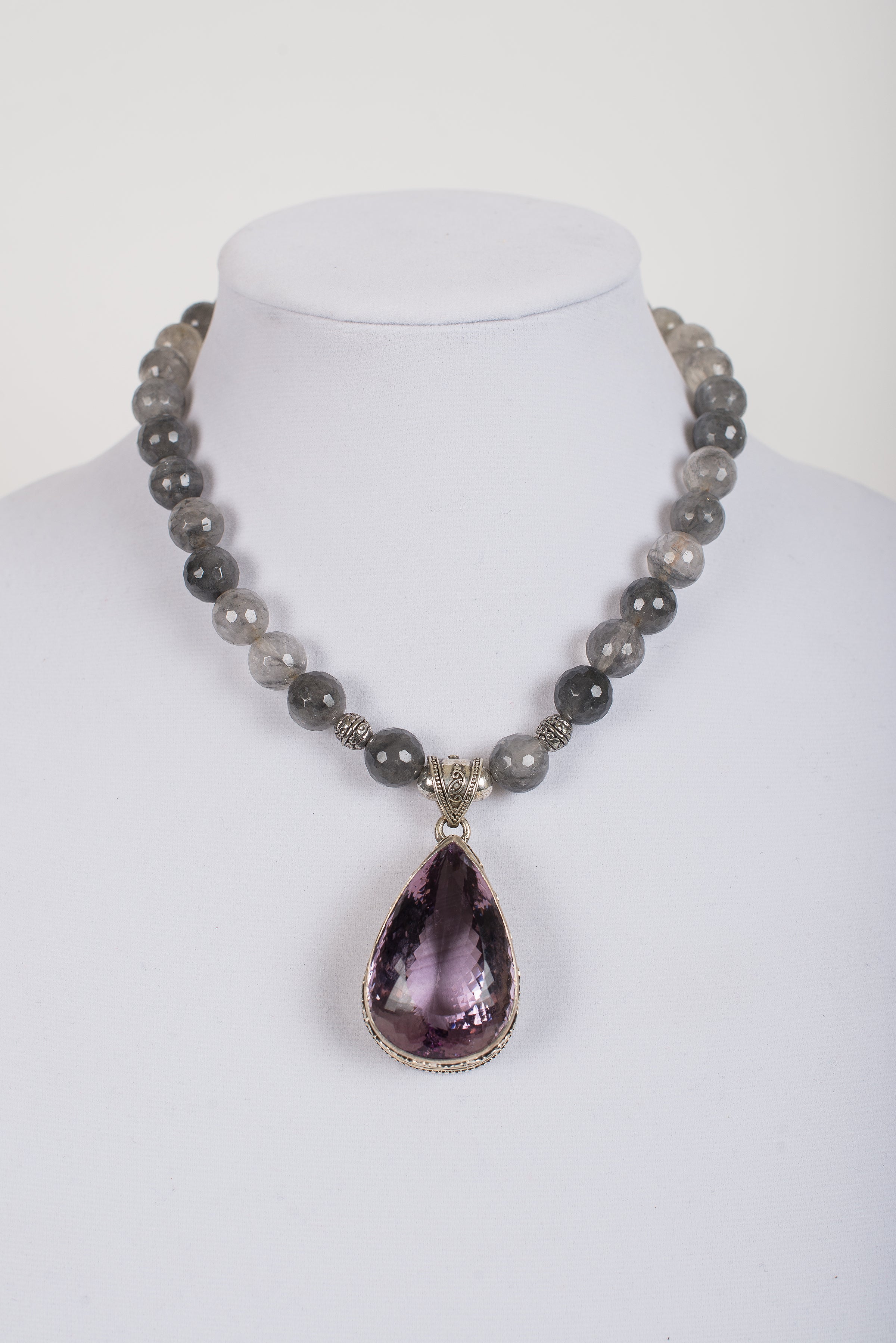 Amethyst and Sterling Silver Pendant with Cloud Quartz Beads