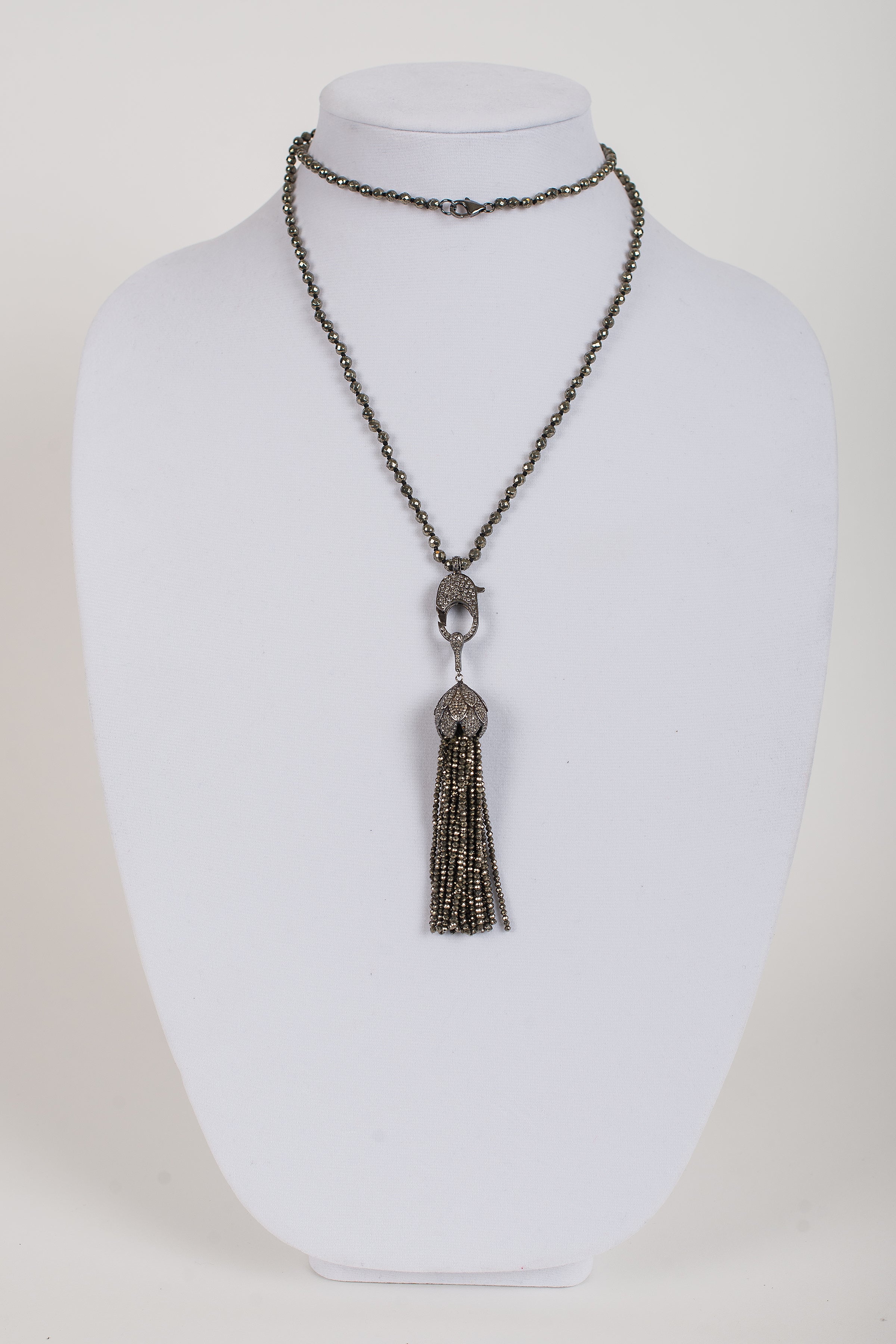 Pave Diamond and Pyrite Tassel on Pyrite and White Topaz Chain