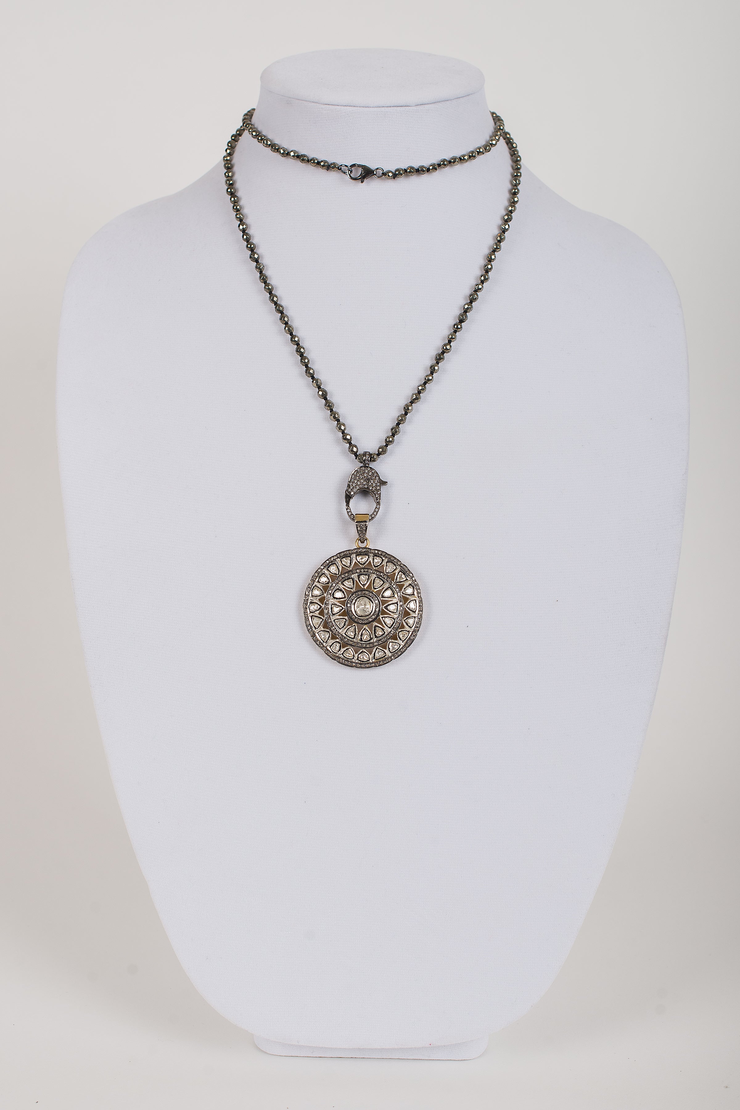 Rose Cut Diamond Pendant set in Vermeil on Pyrite and White Topaz Chain