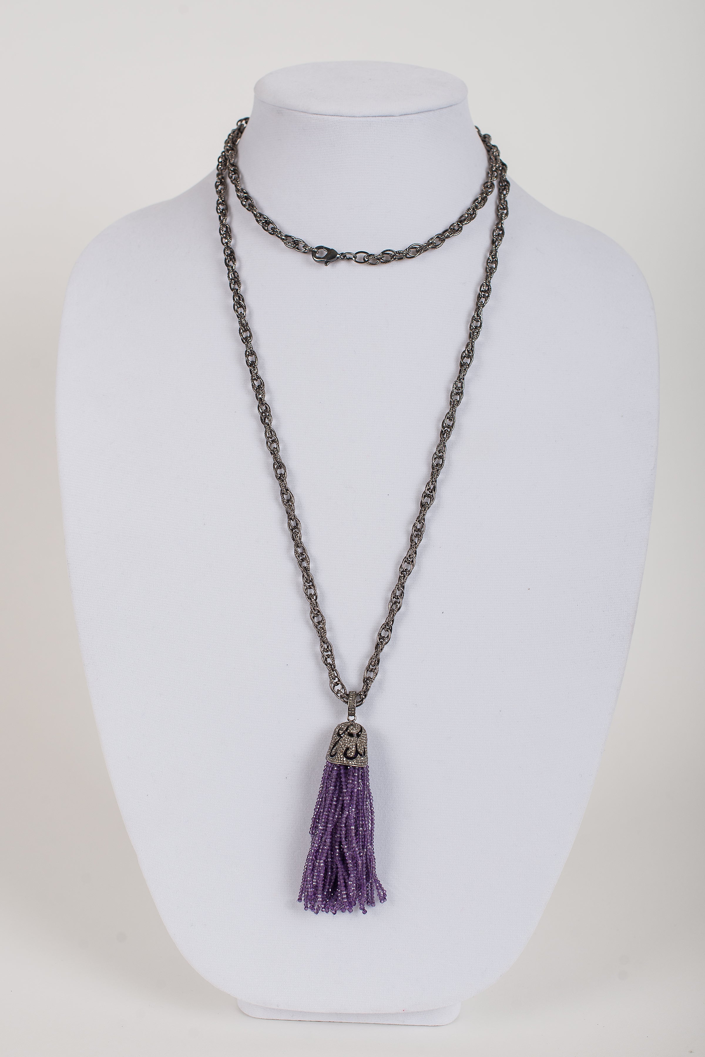 Pave Diamond and Amethyst Tassel on Gunmetal Chain