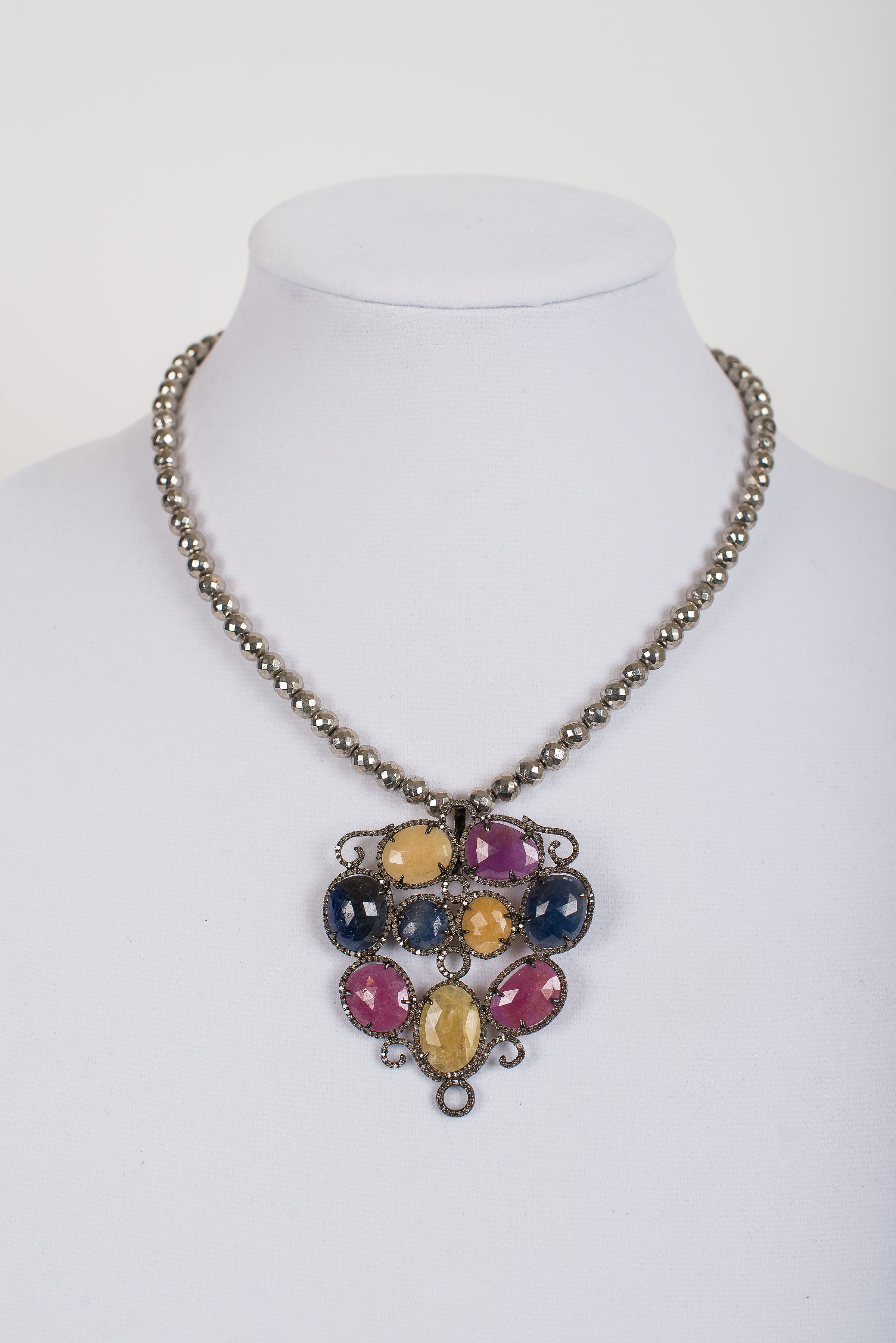 Pave Diamond and Multi Sapphire Pendant on Faceted Pyrite Beads