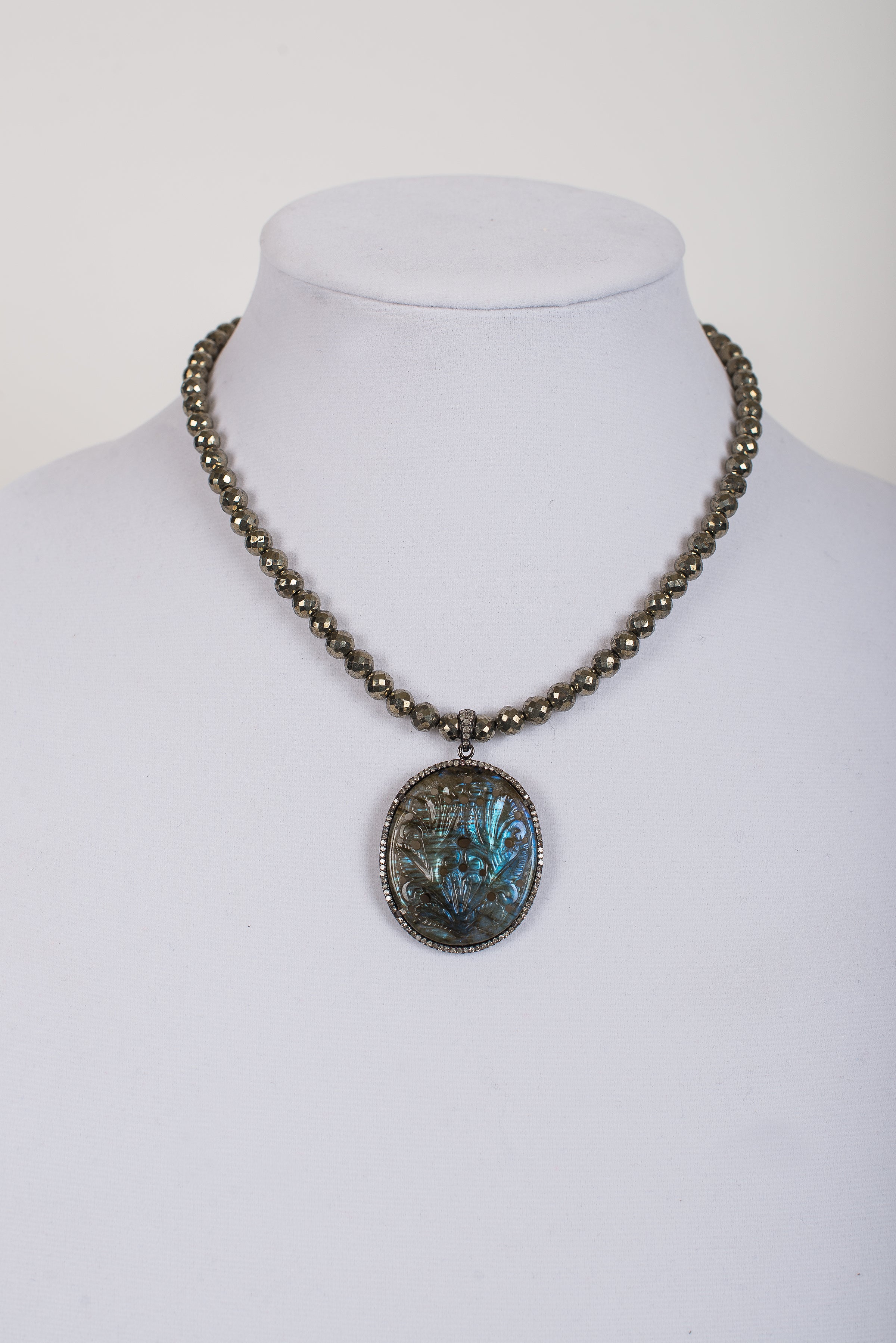Pave Diamond and Carved Labradorite Pendant on Pyrite Beads