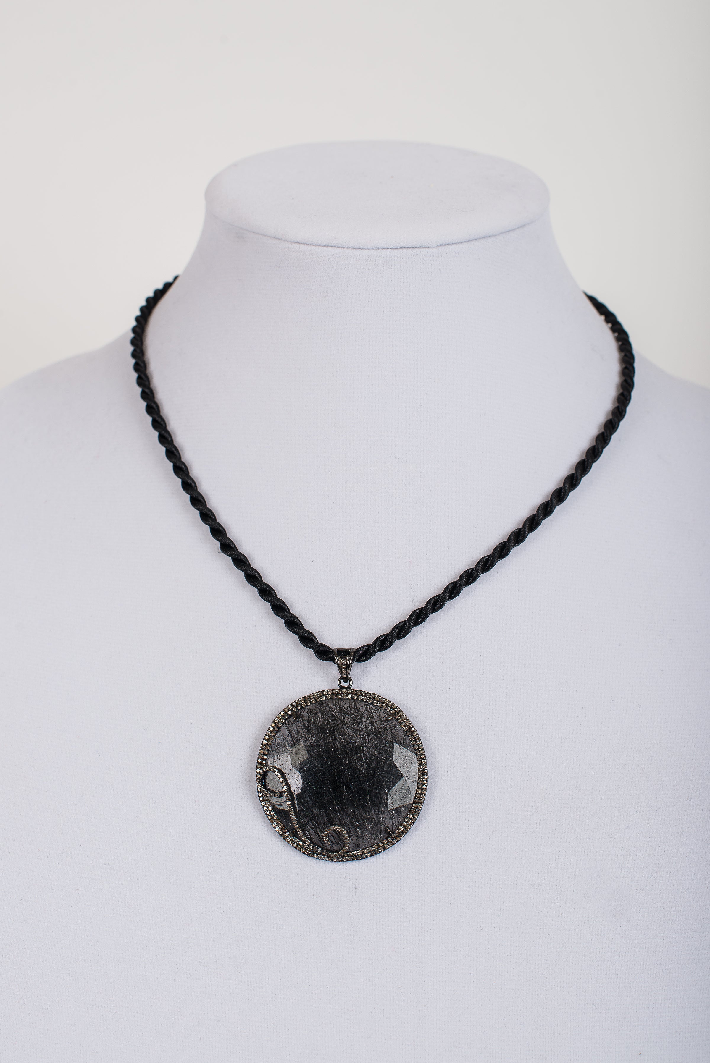 Pave Diamond and Rutilated Quartz Pendant on Black Silk Cord