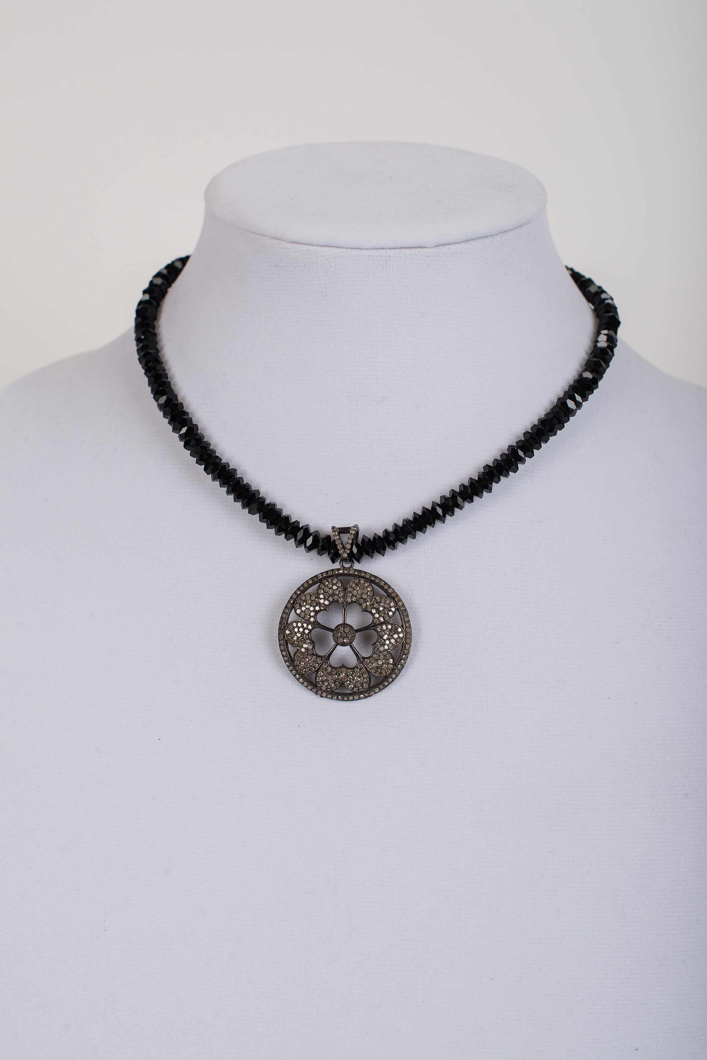Pave Diamond Pendant on Black Onyx Rondelles