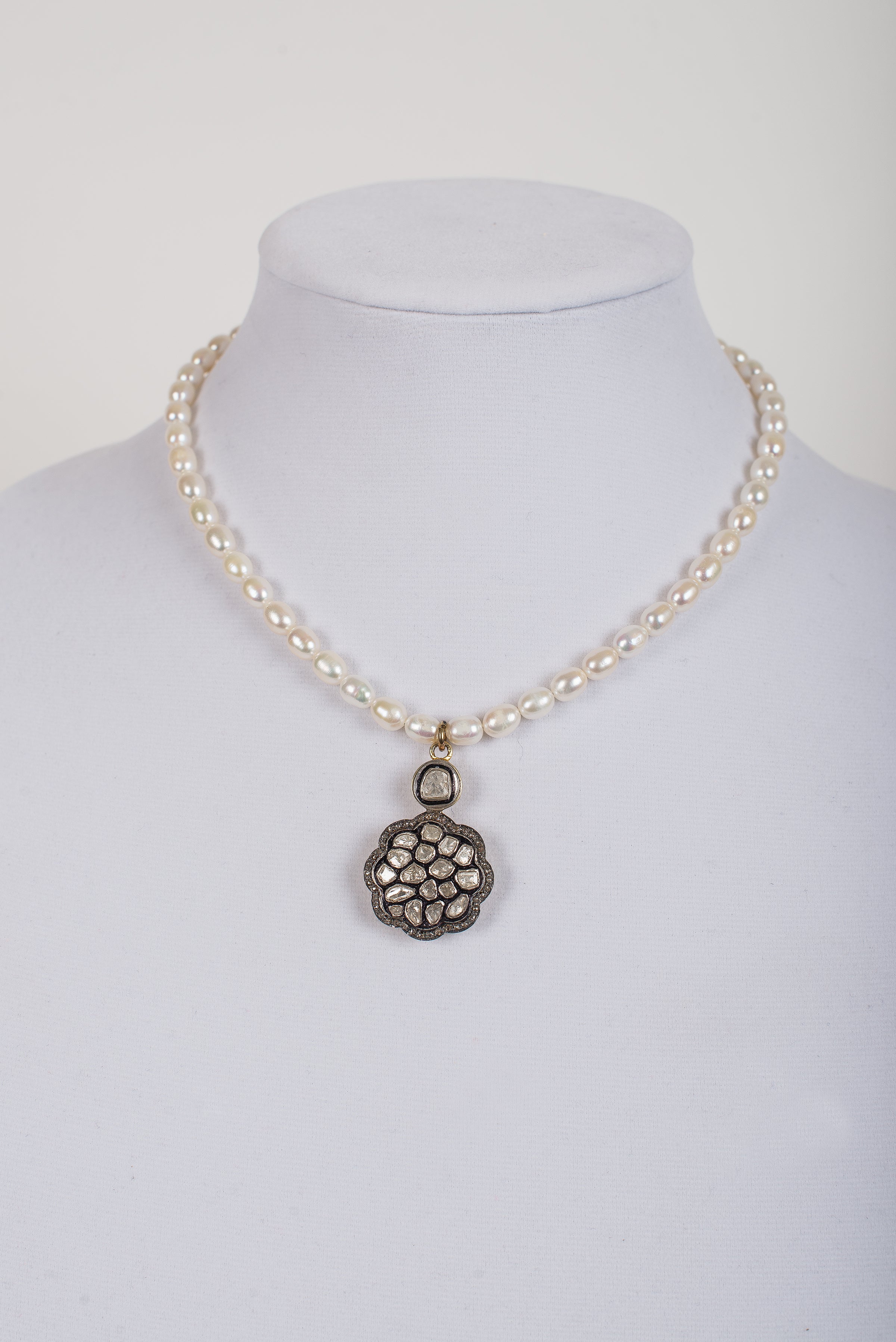 Rose Cut Diamond Pendant on Freshwater Pearls