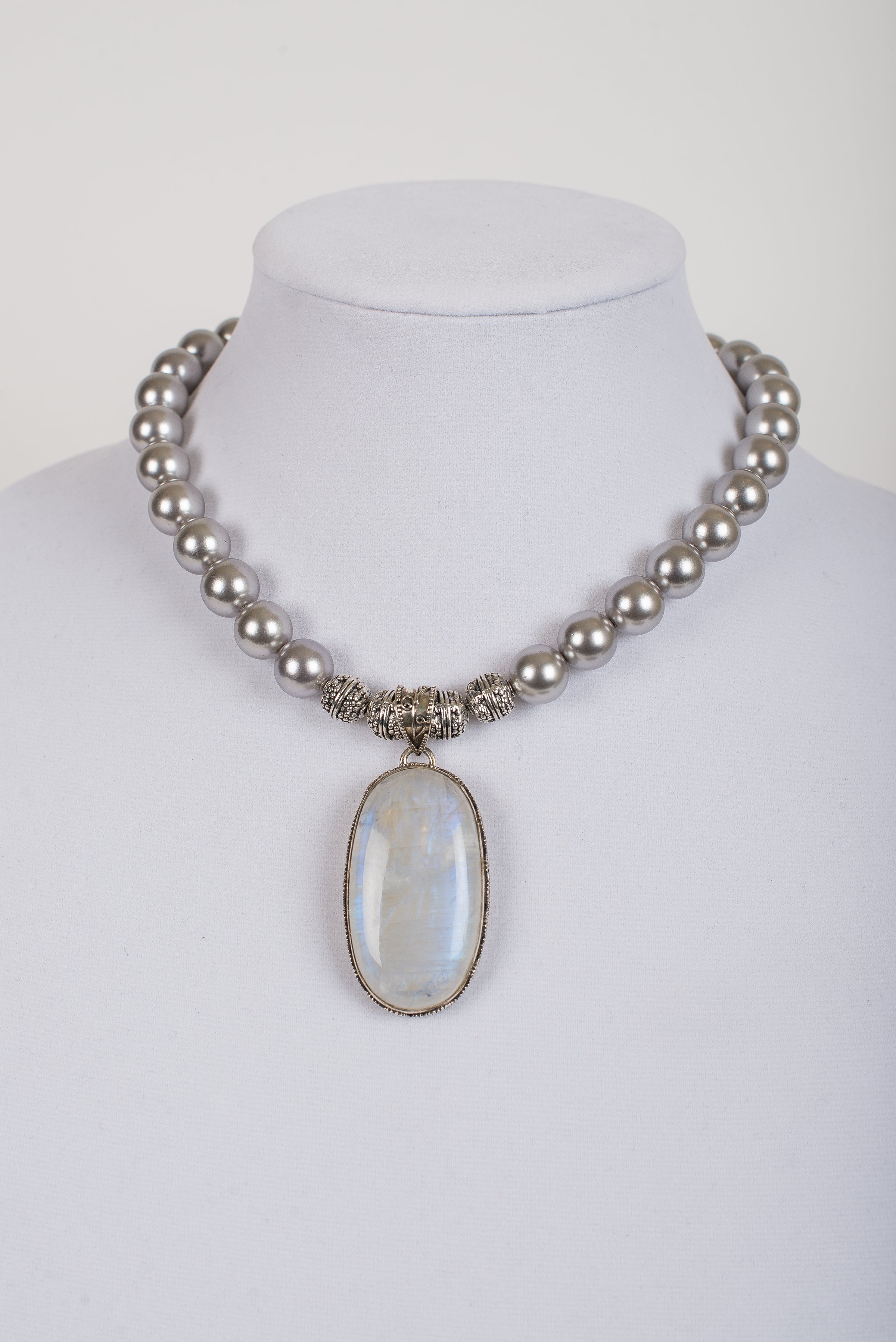 Moonstone and Sterling Pendant with Mother of Pearl Beads