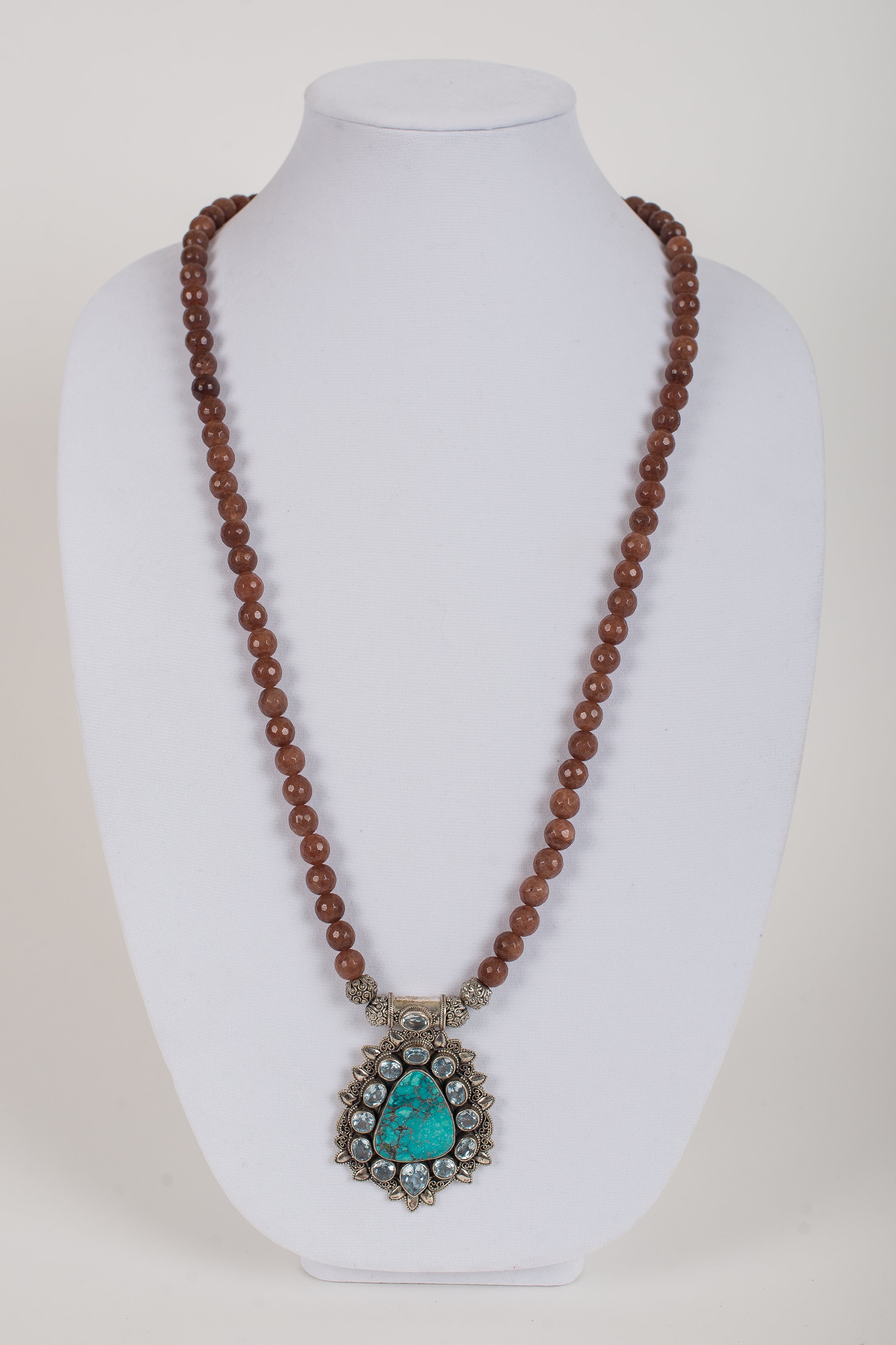 Turquoise and Blue Topaz and Sterling Pendant on Jasper Beads