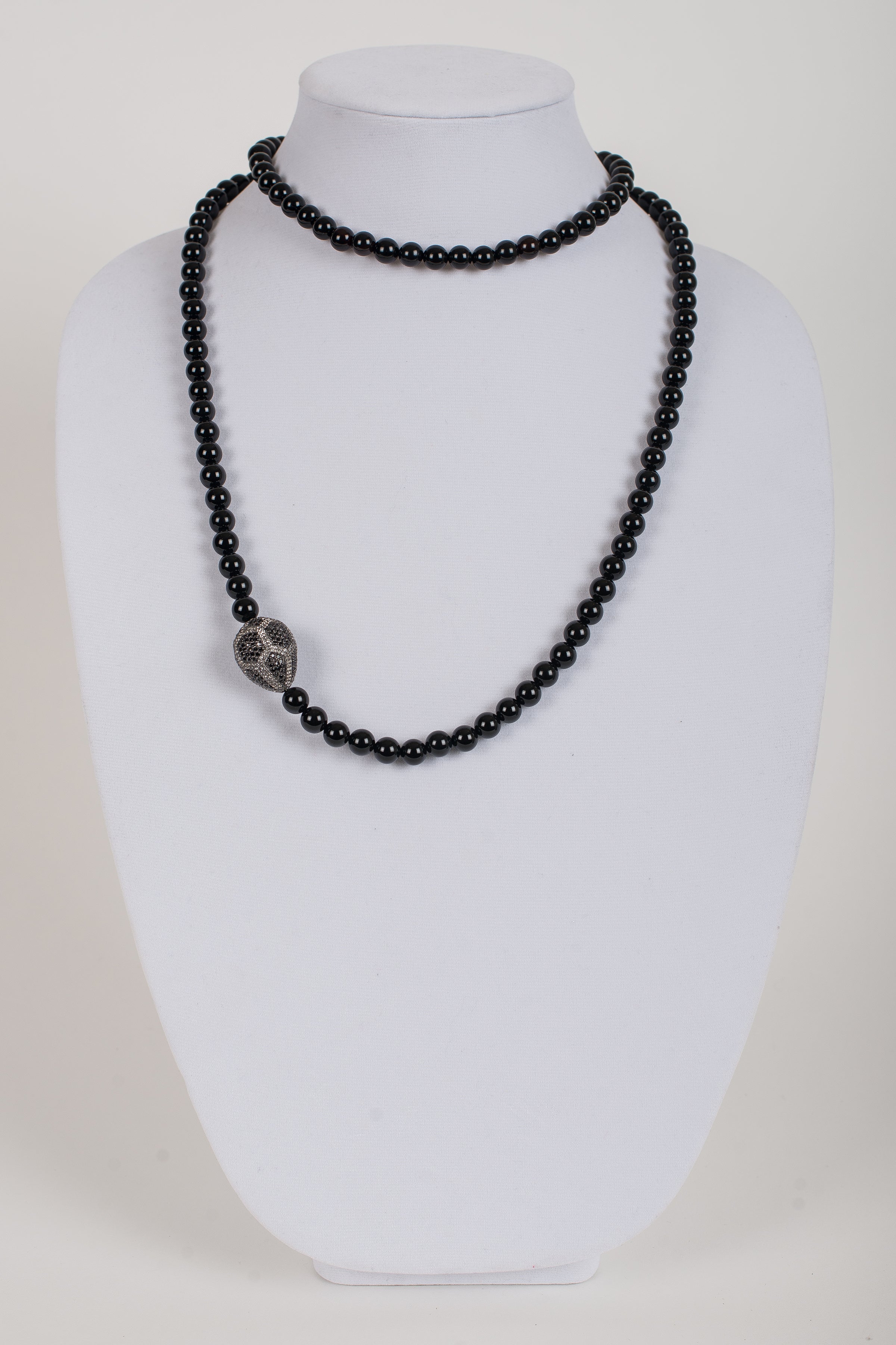 Black Spinel and White Topaz Focal Bead on Faceted Black Onyx