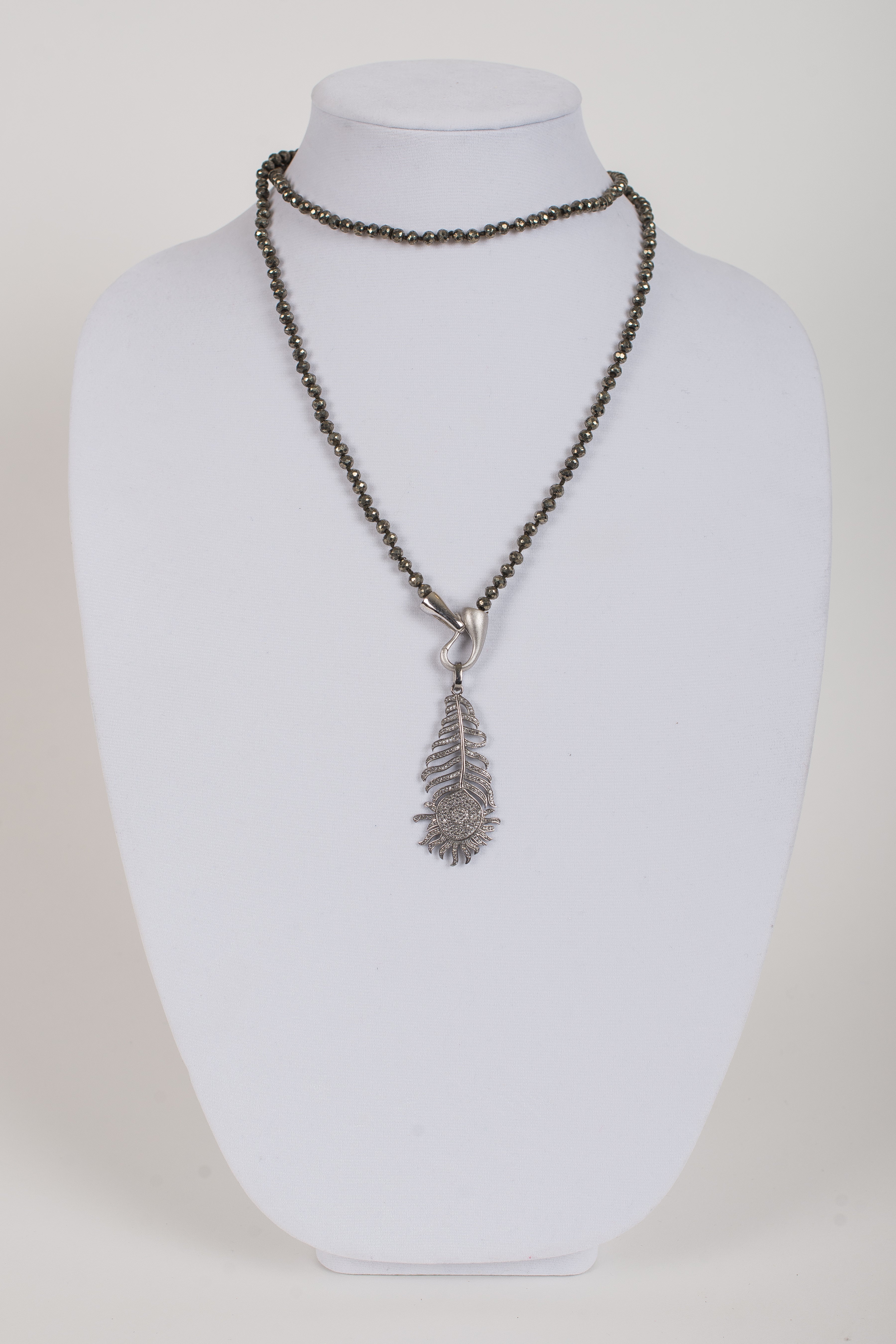 White Topaz Feather Pendant on Pyrite and Sterling Chain