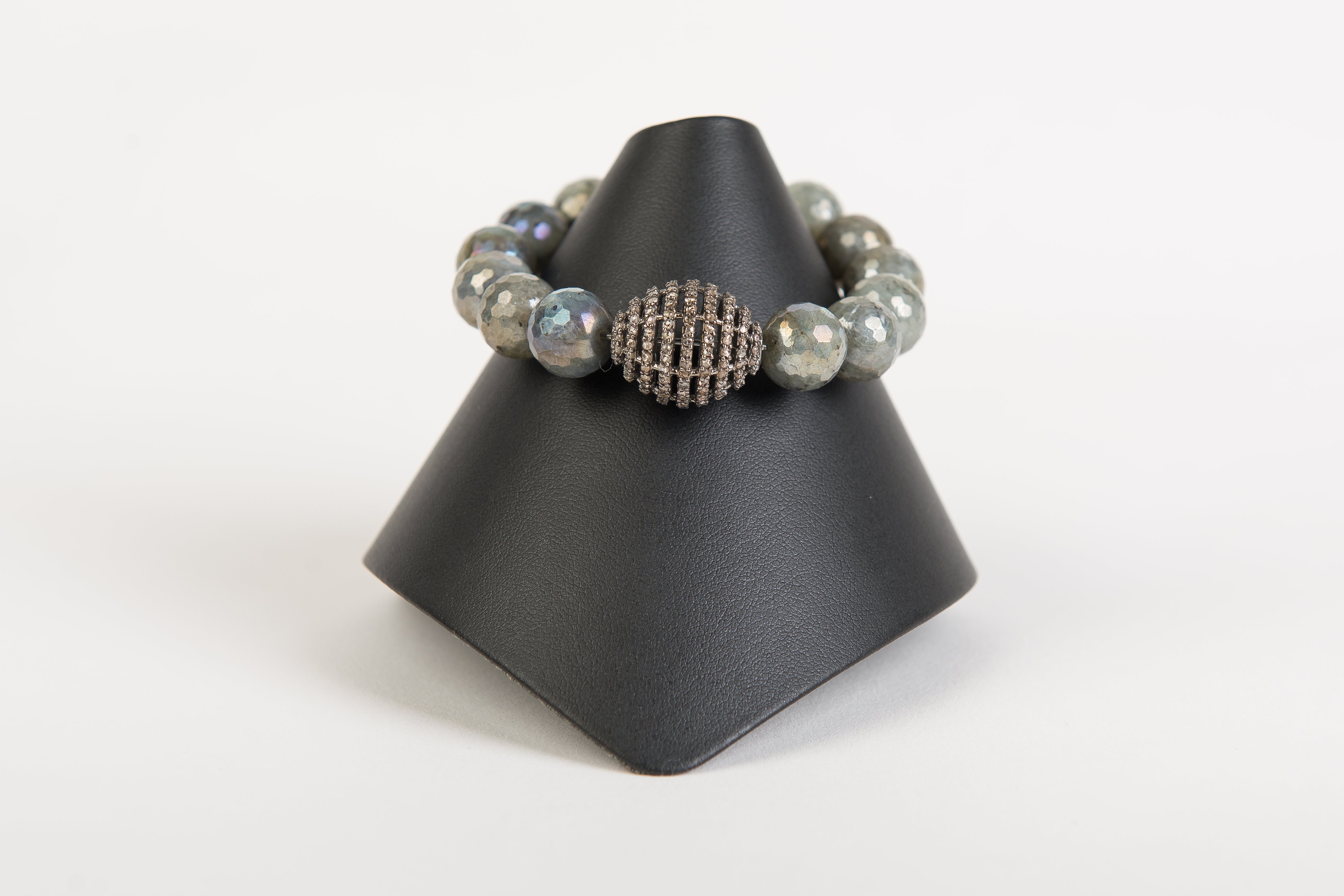 Pave diamond focal bead with faceted ab labradorite