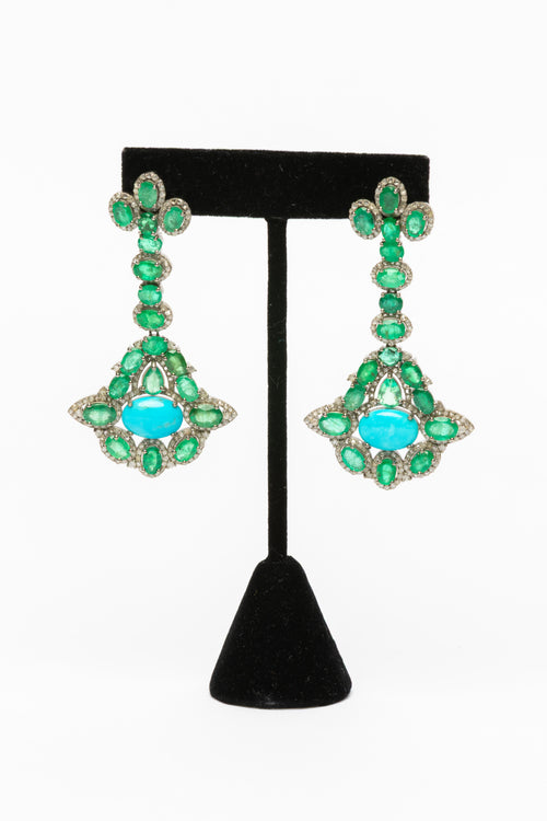 Emerald, Turquoise, Diamond Earrings