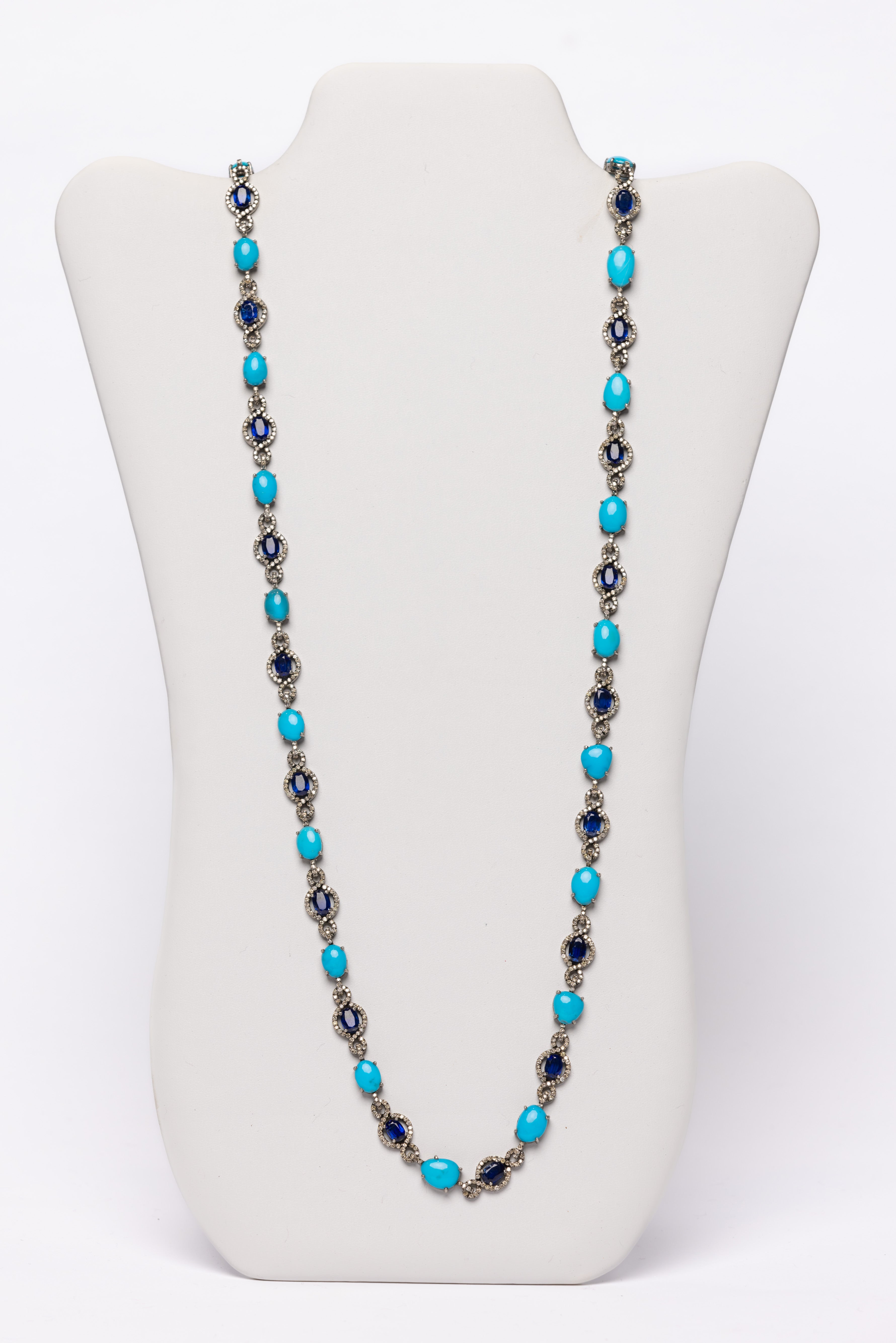 Diamond, Turquoise, Sapphire Long Link Necklace