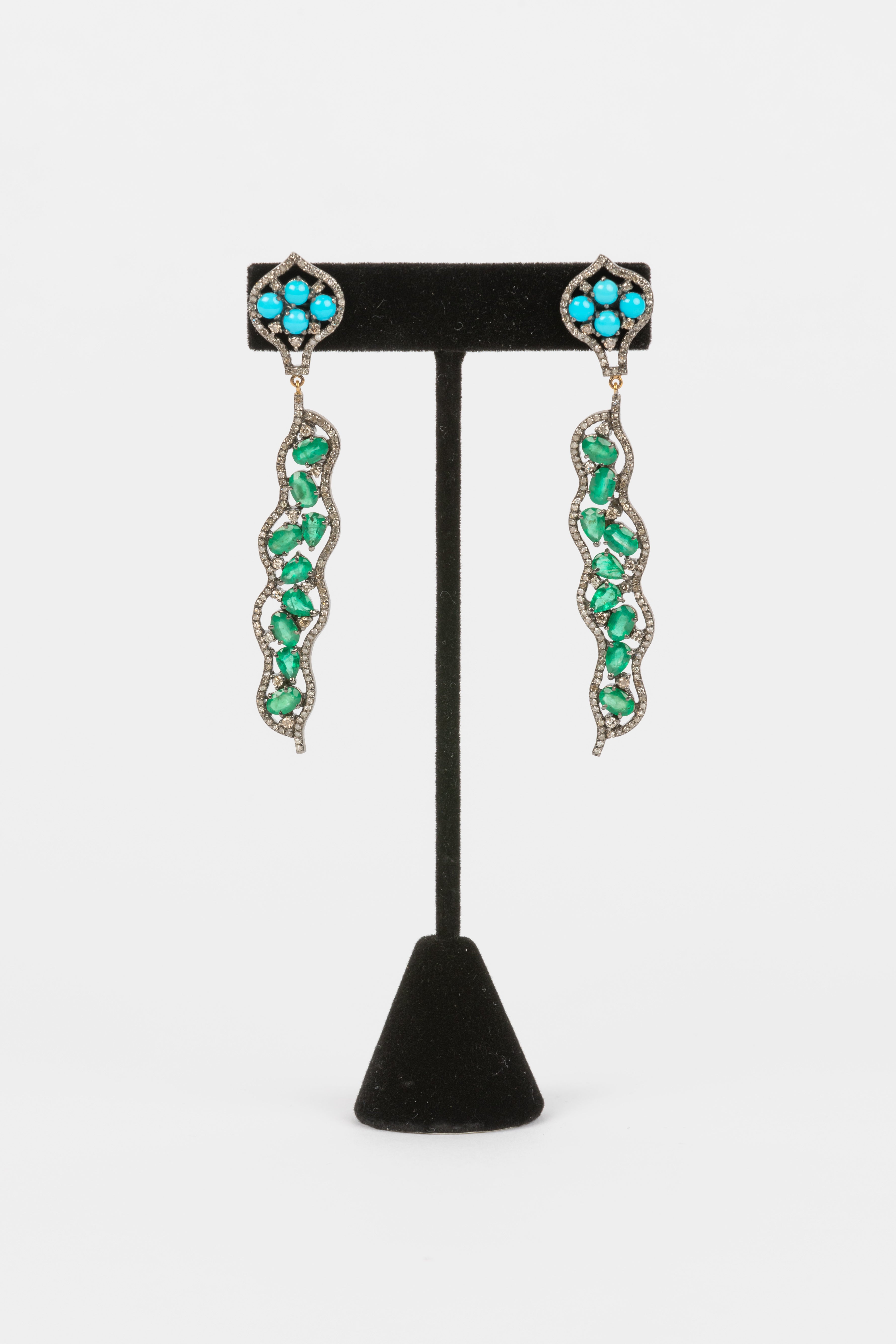 Pave Diamond, Emerald, Turquoise Earrings