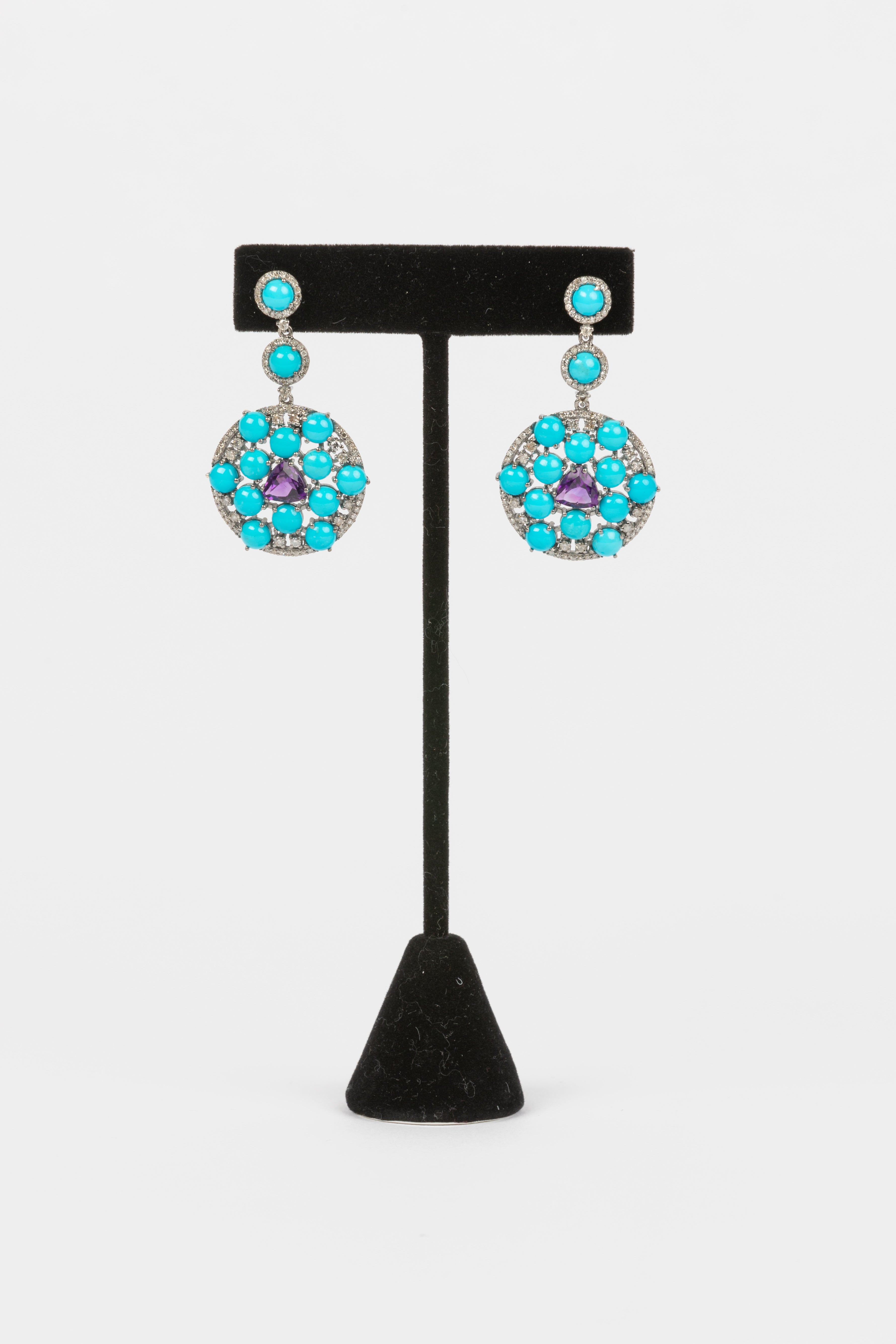 Pave Diamond, Turquoise and Amethyst Earrings