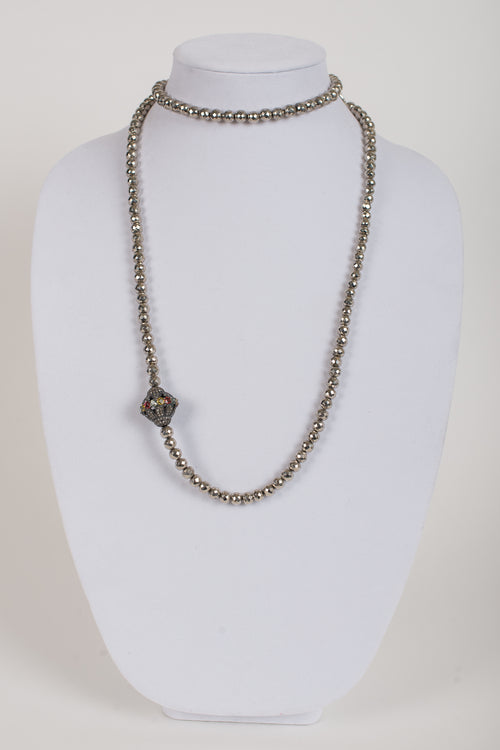 Faceted Pyrite and Pave Diamond and Sapphire Bead