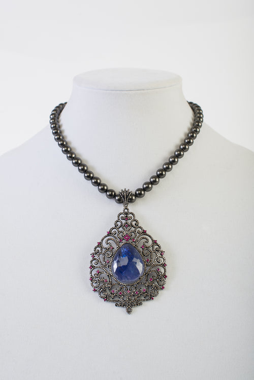 Pave Diamond, Tanzanite,  Ruby Necklace