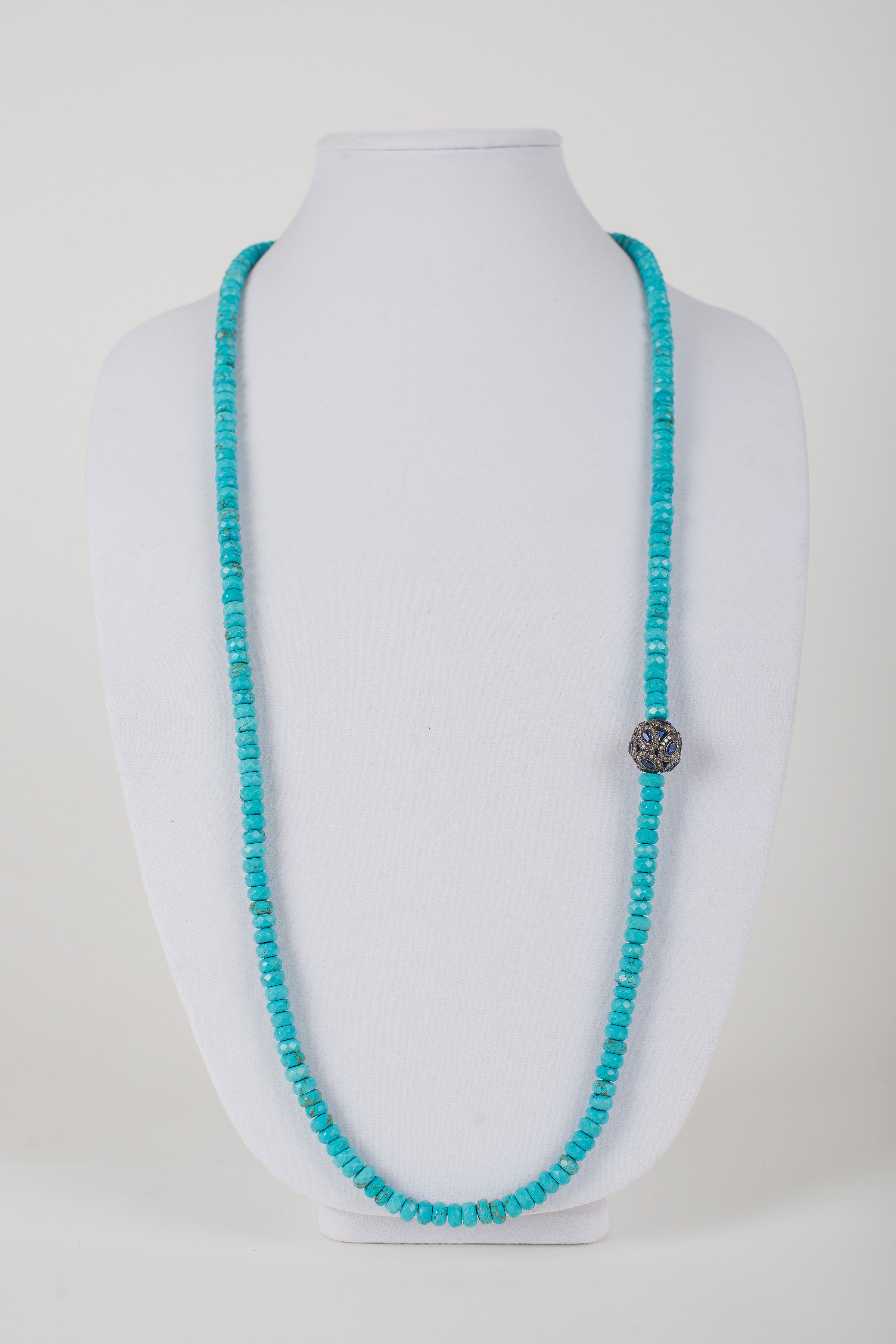 Faceted Turquoise with Pave Diamond and Sapphire Bead