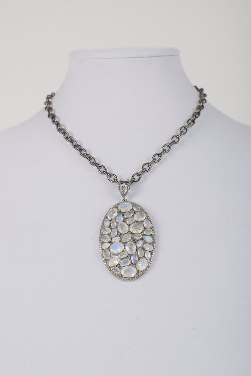 Moonstone and Pave Diamond Pendant on Brushed Metal Chain