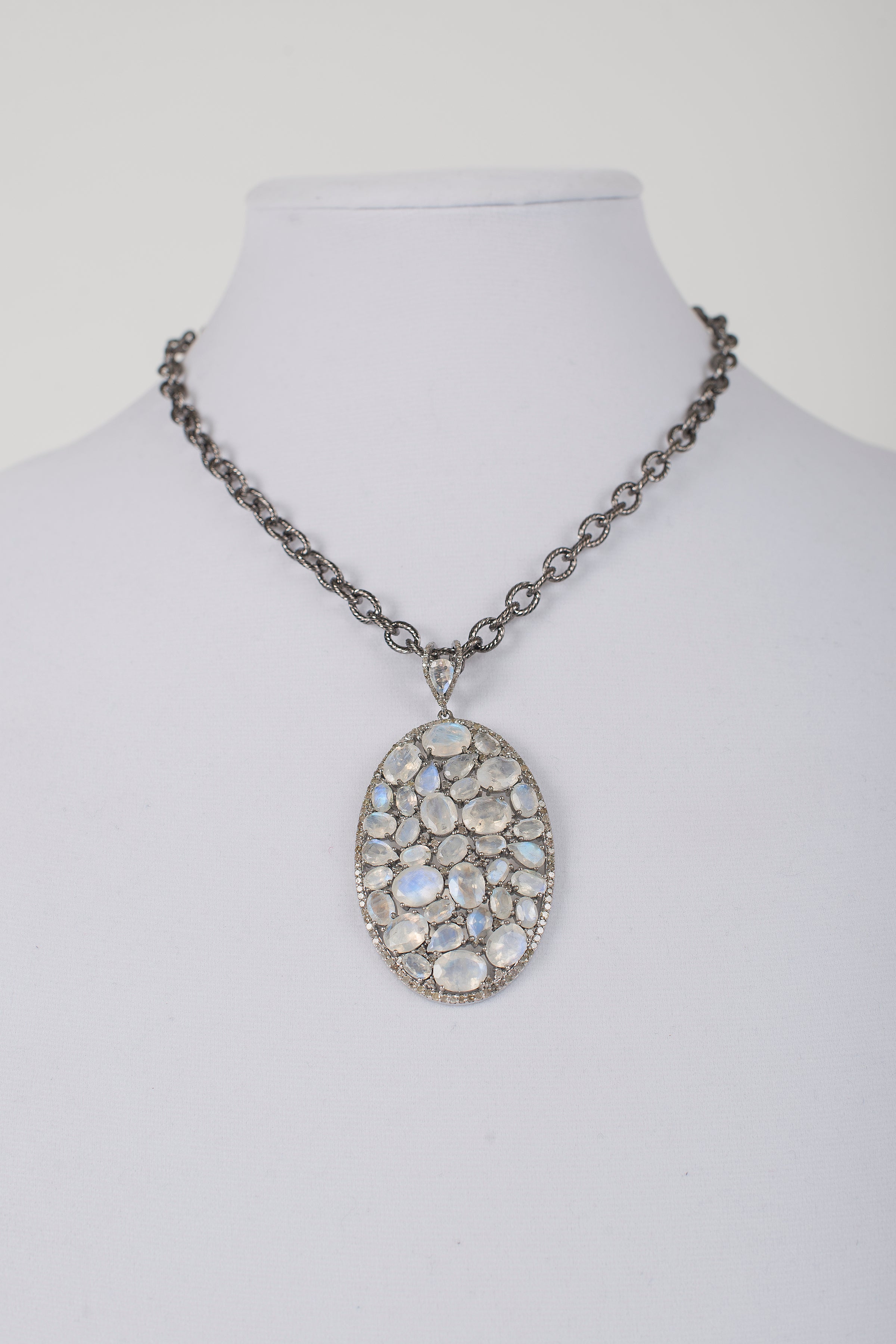 Moonstone and Pave Diamond Pendant on Brushed Metal Chain