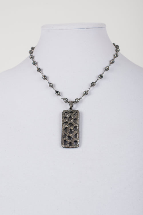 Pave Diamond Bar Pendant on Gunmetal Chain