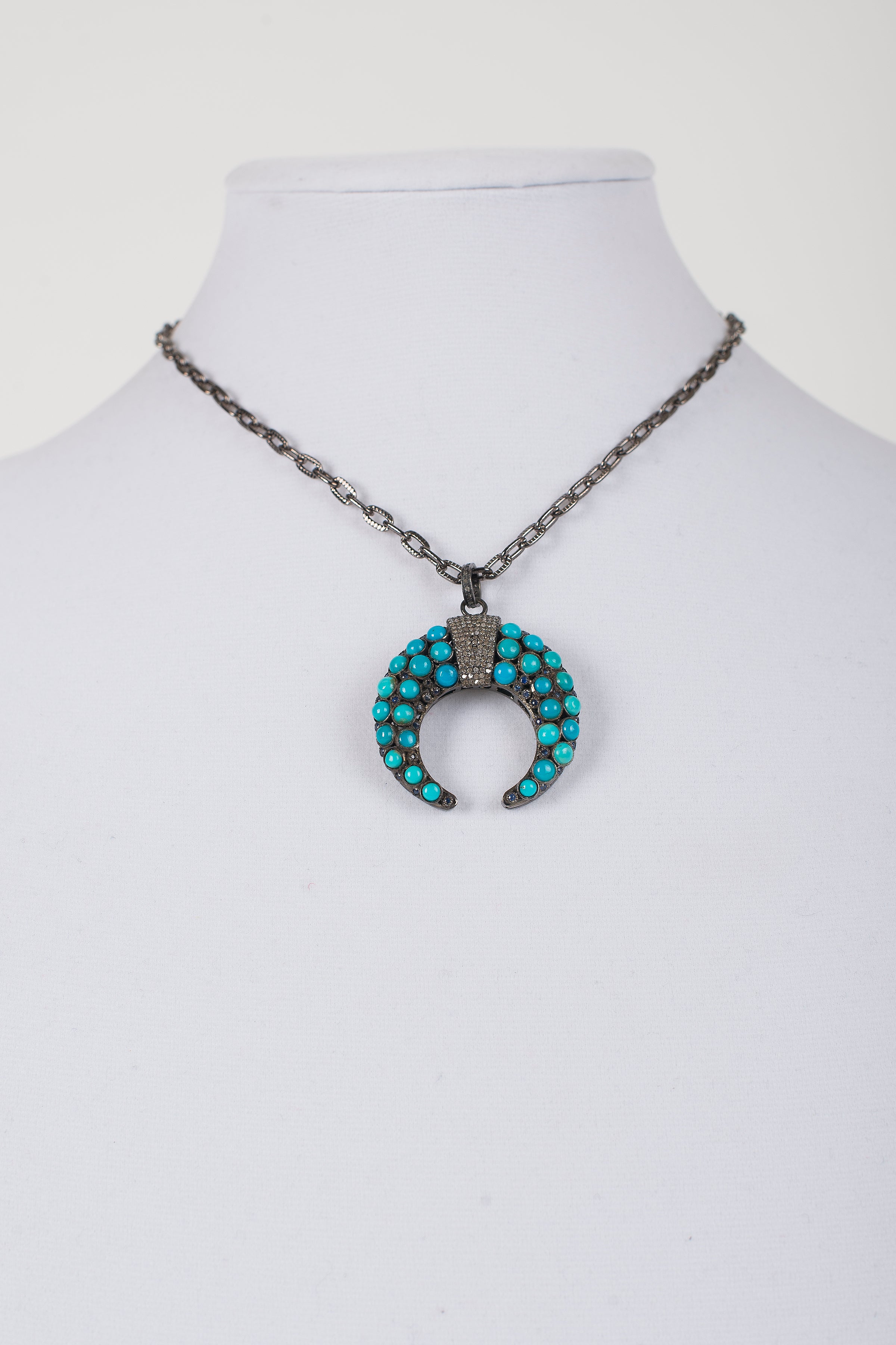 Pave Diamond and Turquoise Pendant on Gunmetal Chain