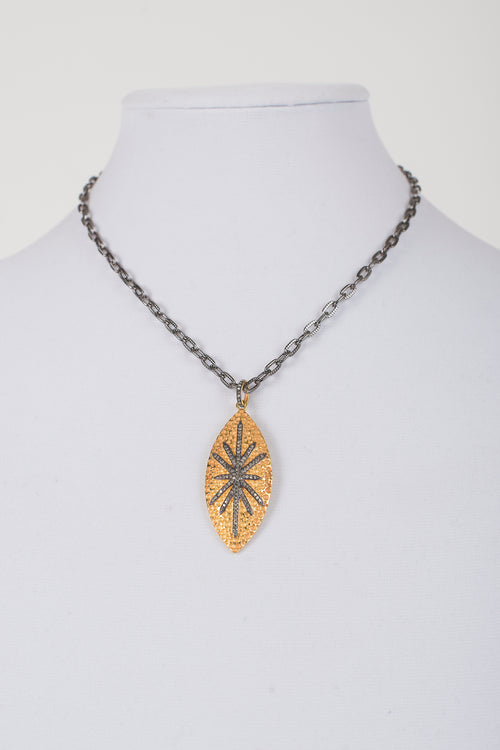 Pave Diamond and Vermeil Pendant on Gunmetal Chain