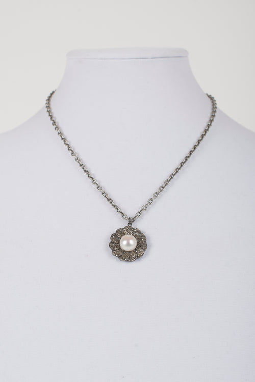 Pearl and Pave Diamond Pendant on Gunmetal Chain