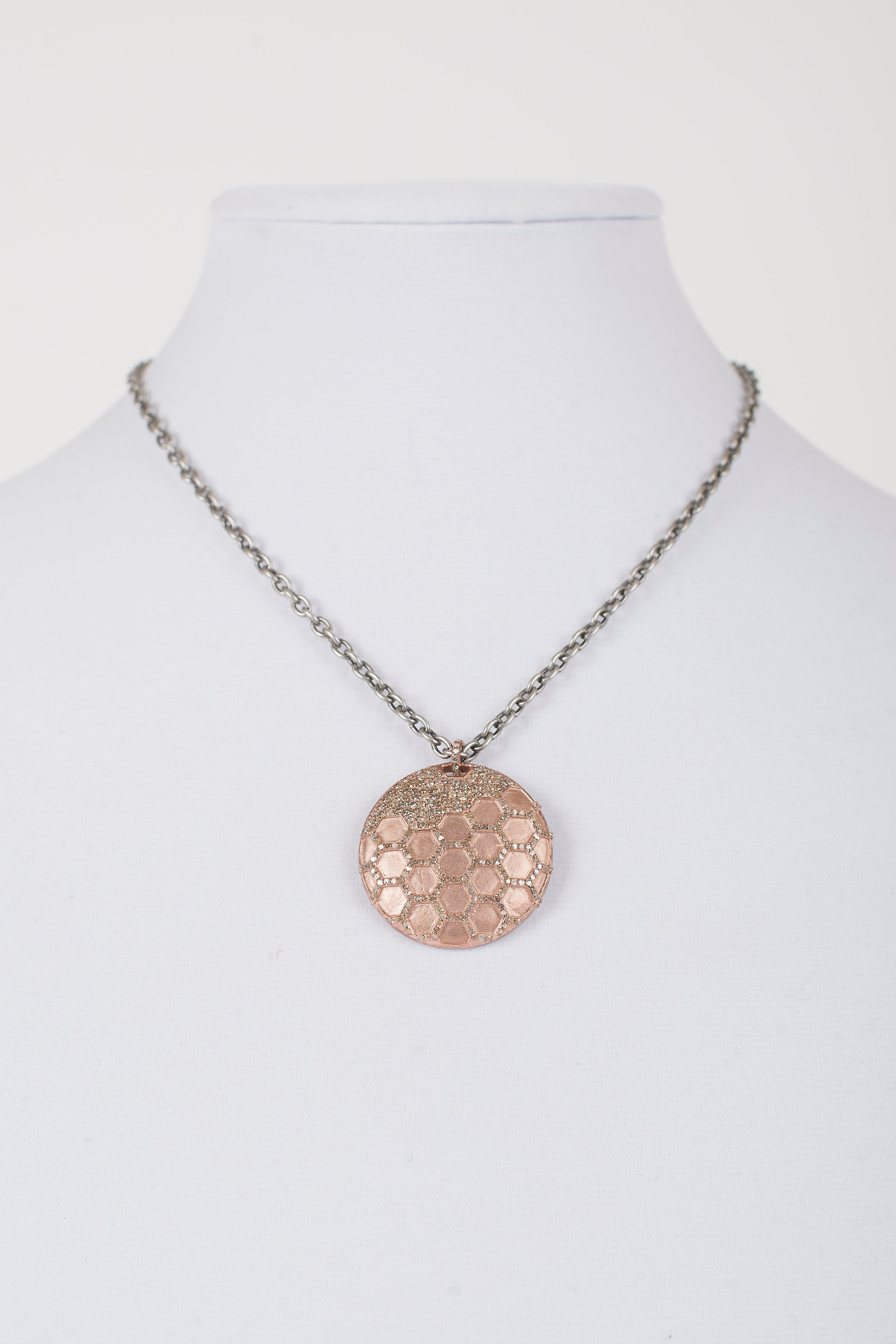 Brushed Rose Gold and Pave Diamond Pendant on Gunmetal Chain