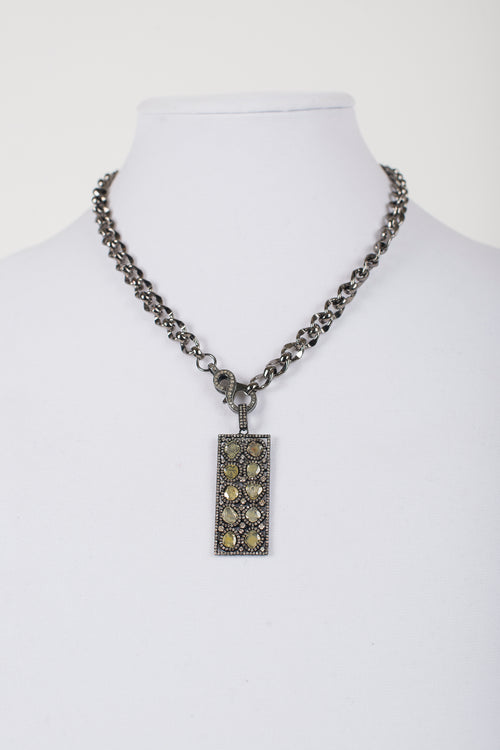 Sliced Yellow Diamond and Pave Diamond Pendant on Gunmetal Chain