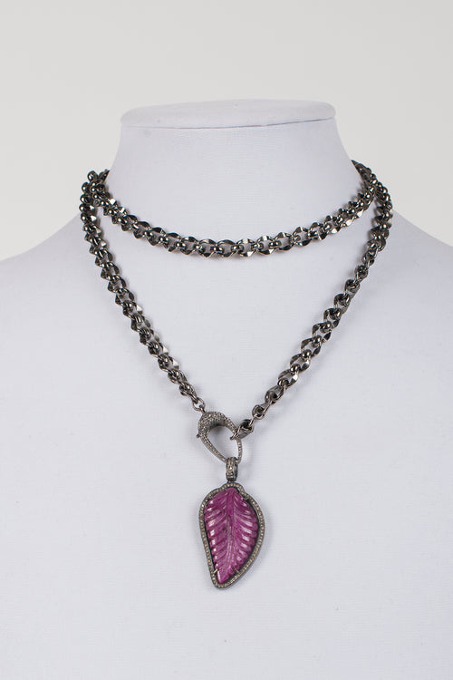 Carved Ruby Leaf and Pave  Diamond Pendant on Gunmetal  Chain with White Topaz Lobster Claw