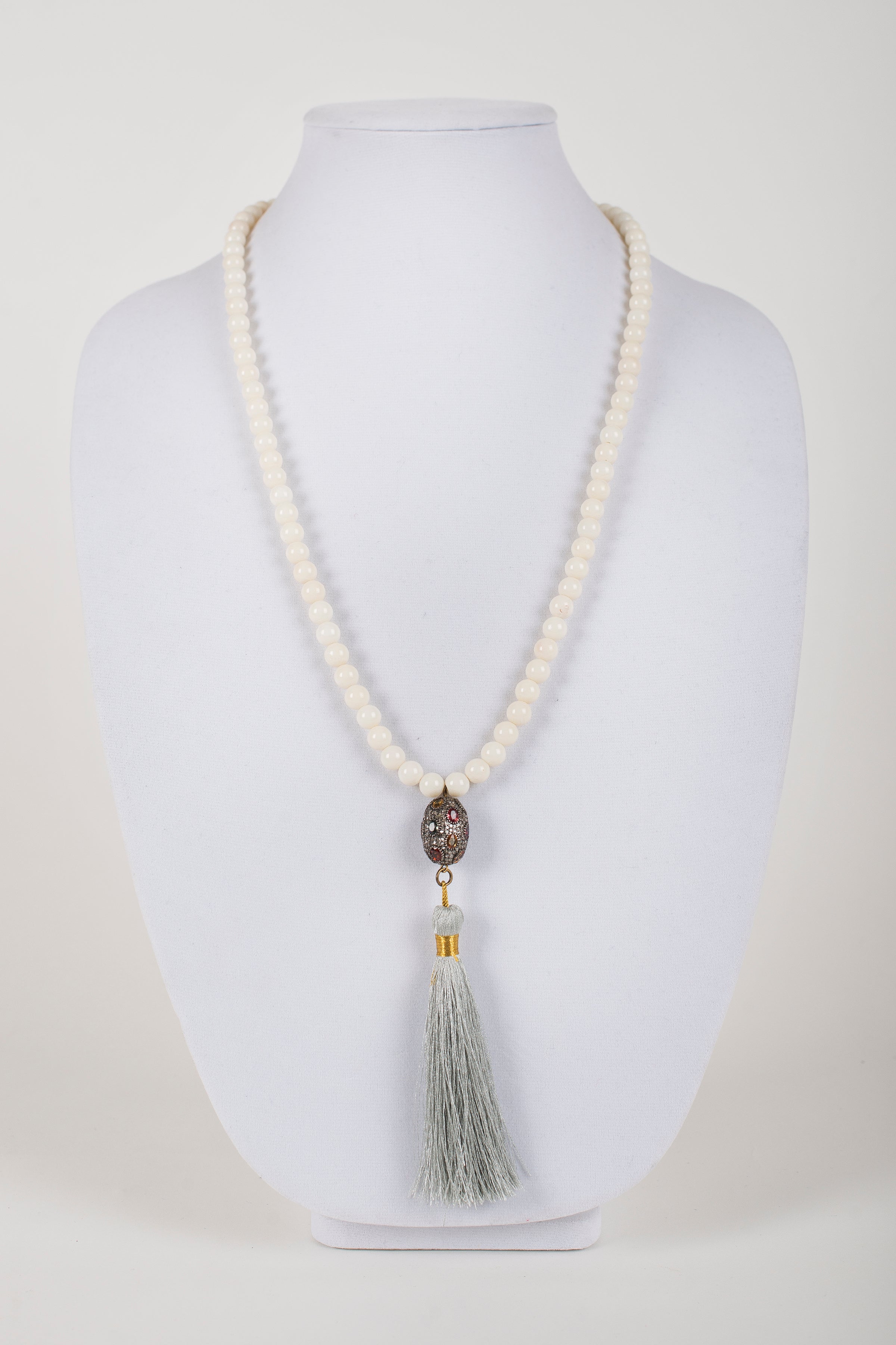 Coral Beads with Pave Diamond and Sapphire Bead with Silk Tassel