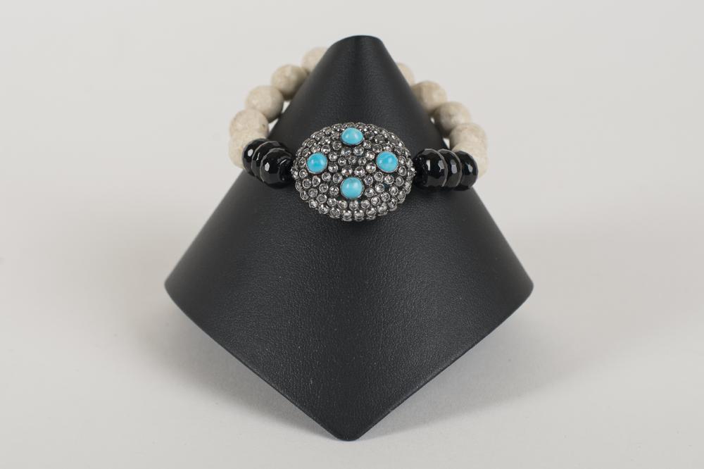 Agate and Black Onyx with Rock Crystal and Turquoise Focal Bead