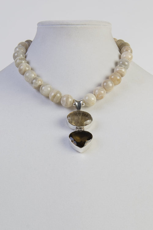 Agate beads with citrine and smoky quartz pendant